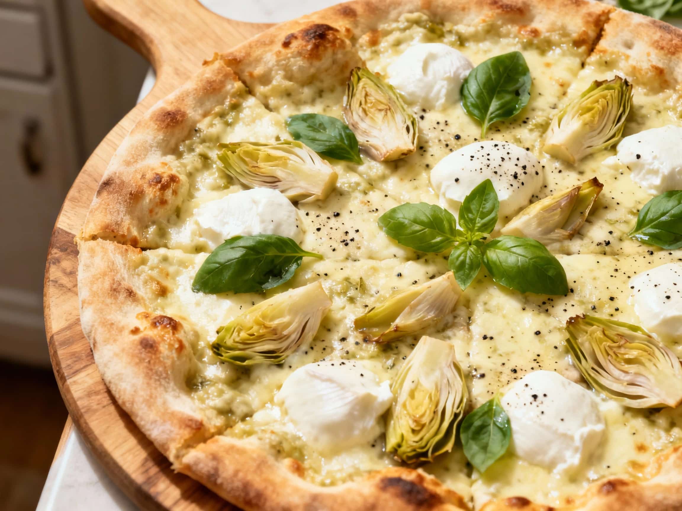 A golden-brown, thin-crust pizza is topped with creamy white garlic sauce, tender artichoke hearts, and melted mozzarella, finished with fresh parsley.