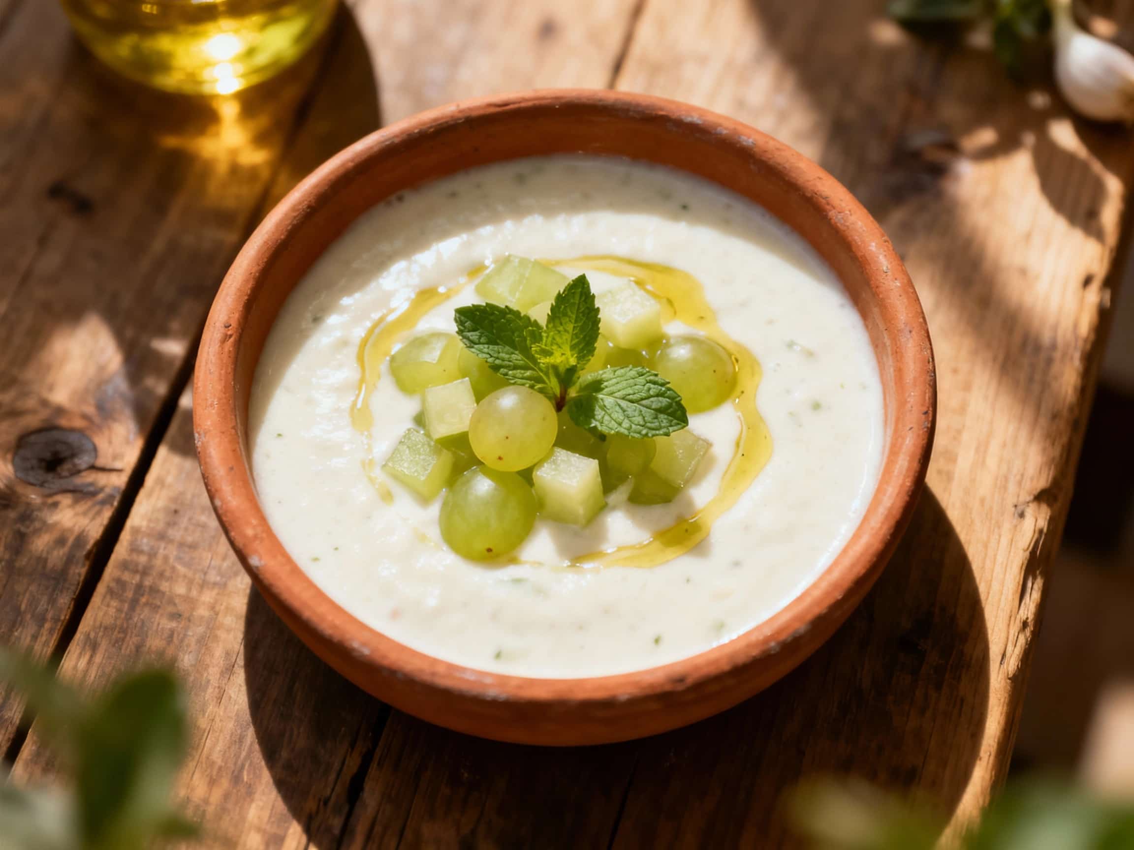 A chilled bowl of creamy white gazpacho, garnished with glistening olive oil, vibrant green herbs, and plump red grapes, offers a refreshing and elegant appetizer.