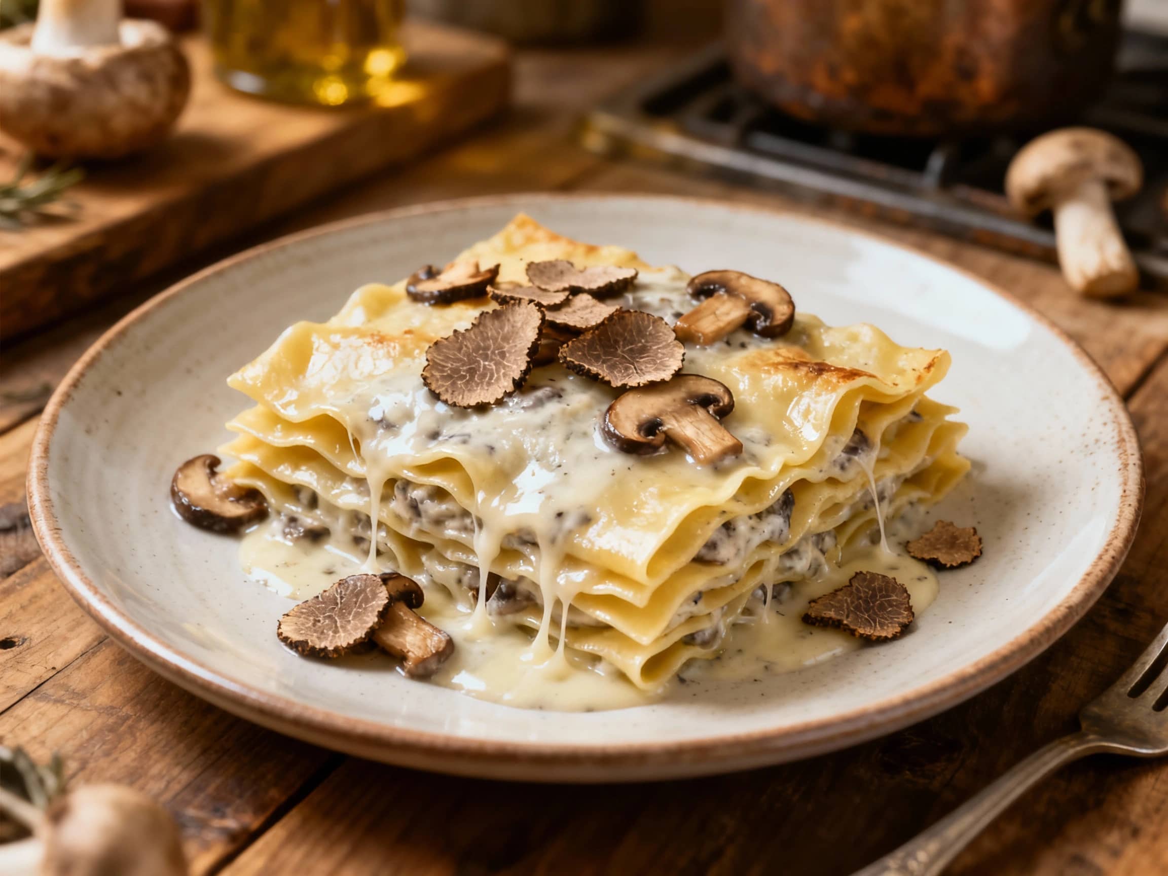 A steaming platter of creamy white lasagna is generously topped with sautéed mushrooms and a drizzle of decadent truffle oil, set against a warm, inviting kitchen backdrop.