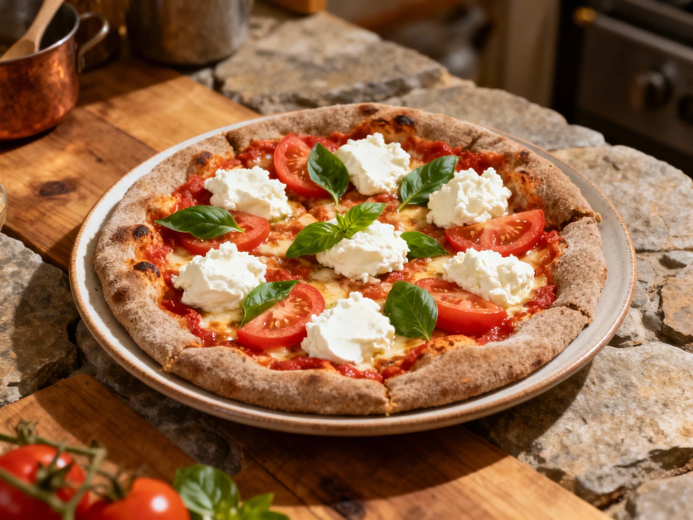A rustic whole wheat Margherita pizza, topped with vibrant tomato sauce, fresh mozzarella, and basil leaves, sits invitingly on a wooden board, ready to be enjoyed.