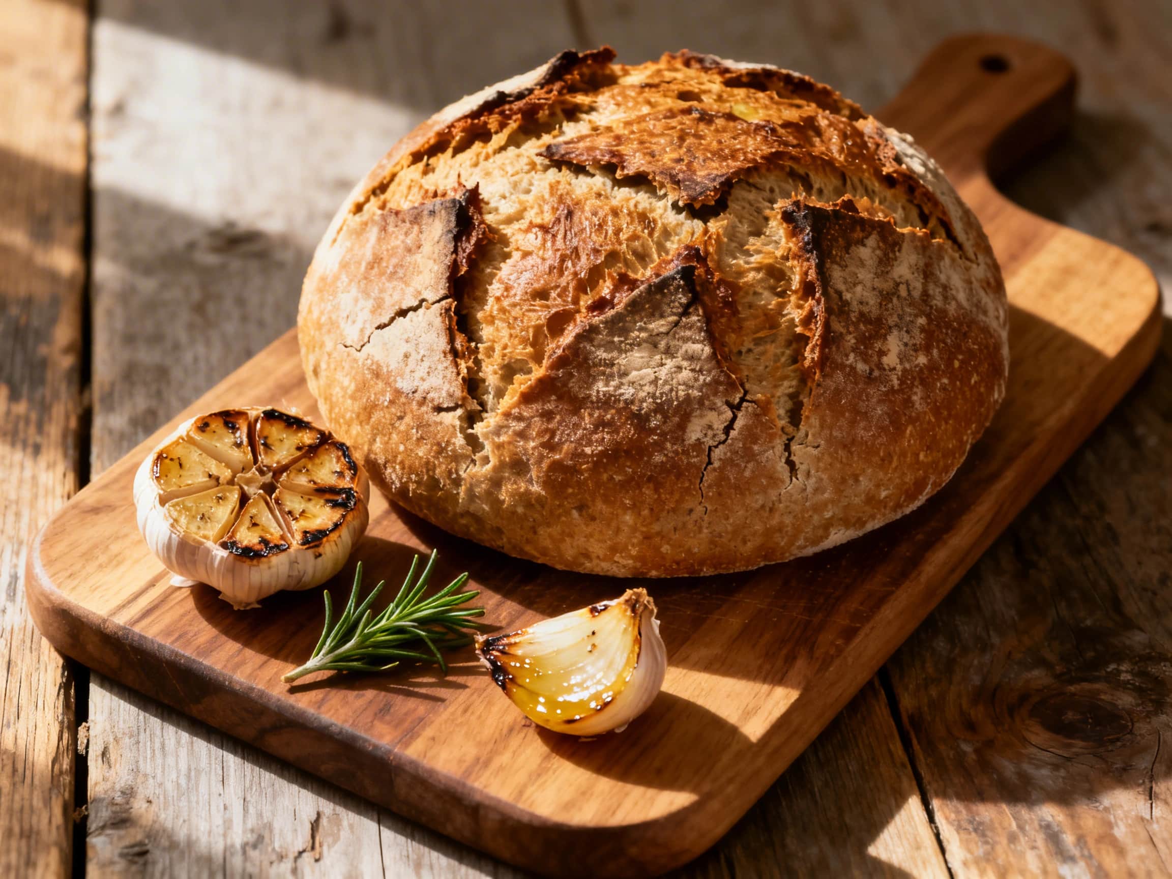 A rustic, golden-brown whole wheat sourdough boule loaf sits on a wooden cutting board, slightly torn to reveal its open, airy crumb speckled with roasted garlic cloves. A light dusting of flour enhances its homemade appeal, radiating warmth and inviting a taste.