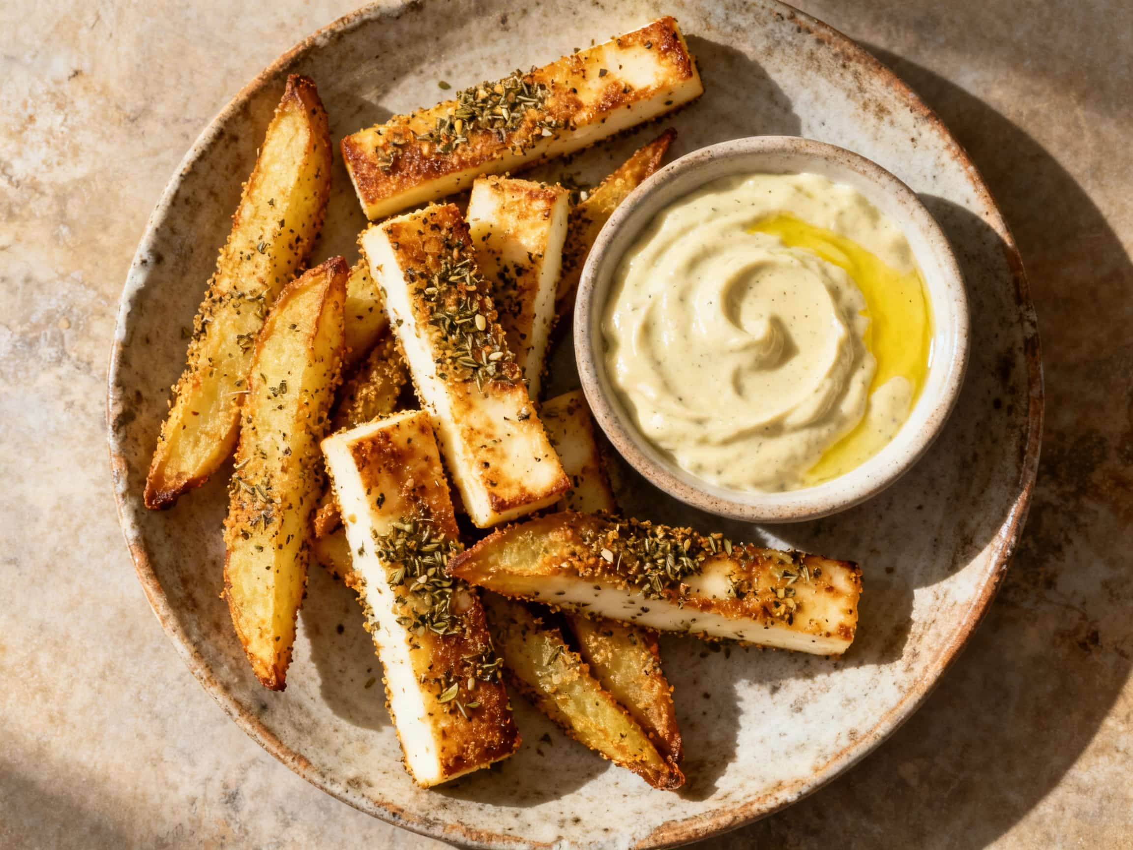 A rustic wooden board laden with a generous stack of golden-brown Za'atar Crusted Halloumi Fries, perfectly crispy and still warm. Beside the fries sits a small, white ceramic bowl filled with a creamy, pale yellow lemon tahini dip, elegantly garnished with a sprig of fresh green parsley. The presentation is simple yet inviting, highlighting the Middle Eastern flavors and textures, ready for a del