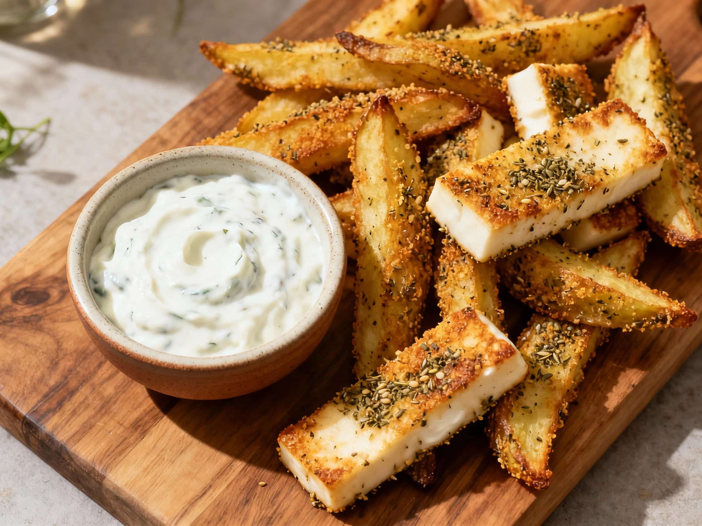 Golden halloumi fries, crusted with za'atar spice, are arranged artfully on a white plate next to a creamy yogurt dip, ready to be enjoyed.