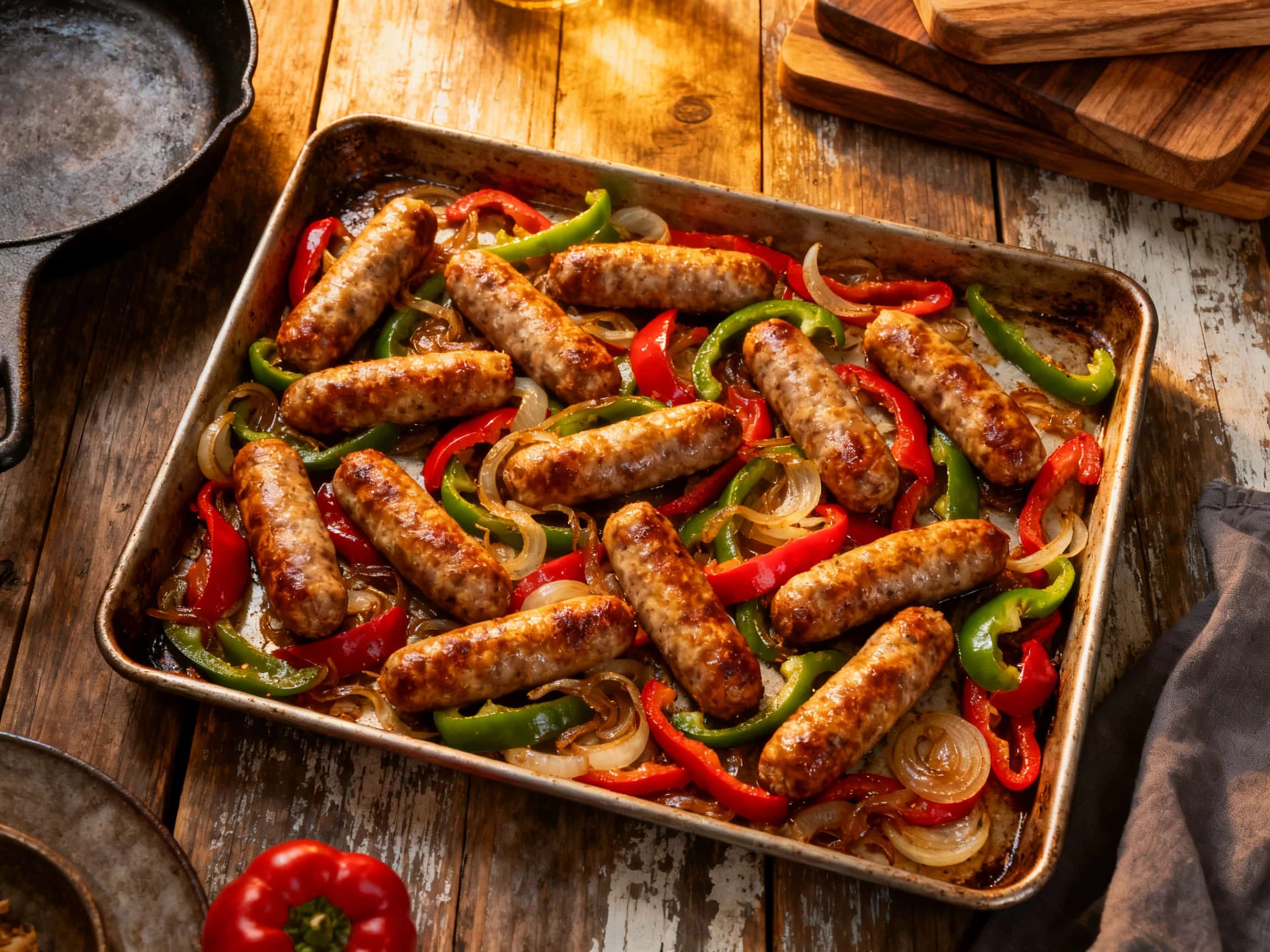 A rustic sheet pan dinner features prominently in a high-angle shot, showcasing beautifully roasted Italian sausages, accompanied by colorful red, yellow, and green bell peppers, and tender caramelized onions. The dish radiates warmth and a homemade feel, with the ingredients lightly charred and glistening with oil and herbs, set against a subtly blurred rustic background.