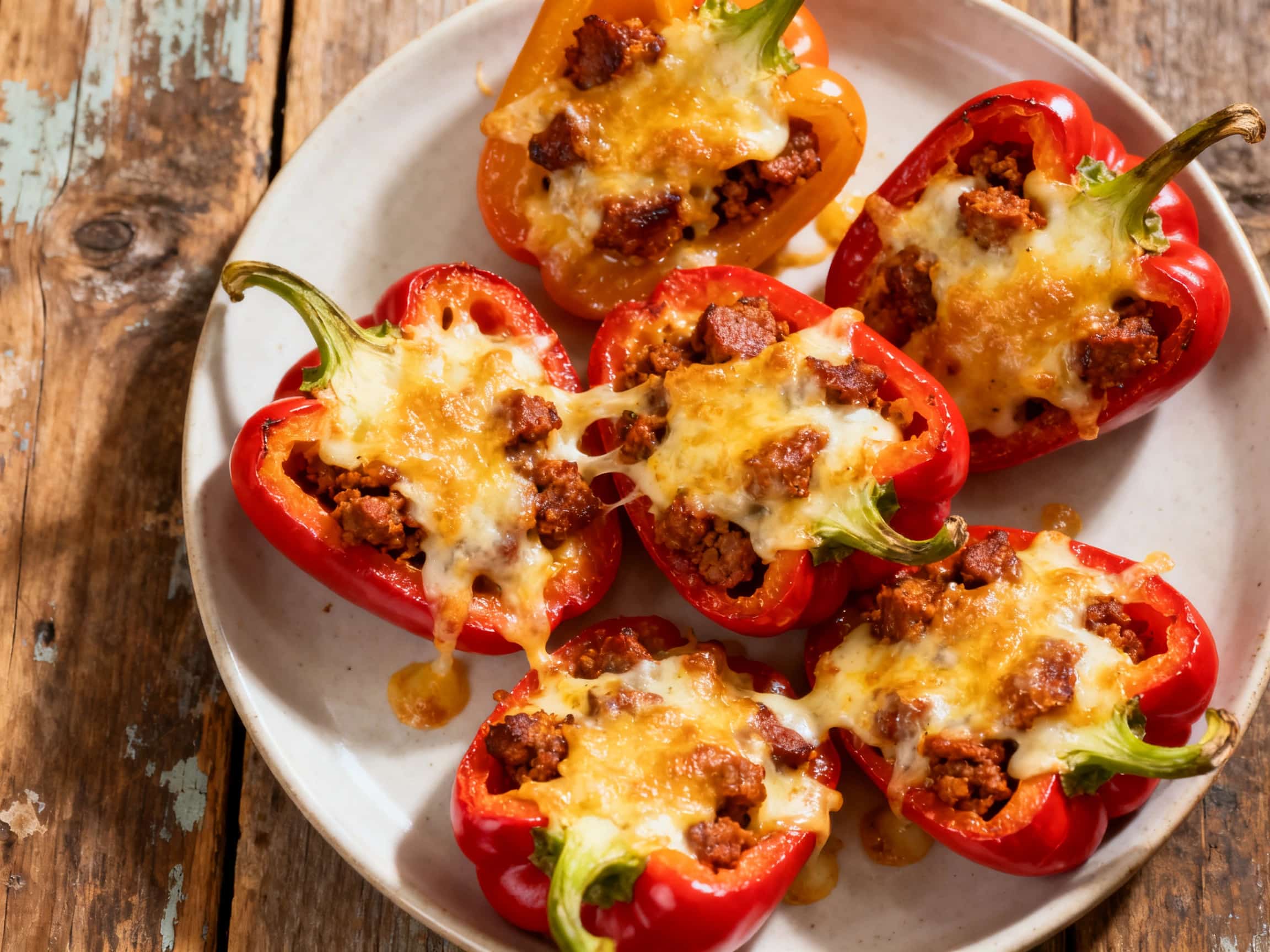 A rustic wooden platter showcases an array of vibrant red, orange, and yellow mini bell peppers. Each pepper half is generously stuffed with a savory, golden-brown chorizo and melted cheese filling, bubbling invitingly. A sprinkle of fresh green cilantro adorns the tops, adding a pop of color. The peppers are arranged artfully, inviting guests to enjoy these rich, hot appetizers, perfect for a coz