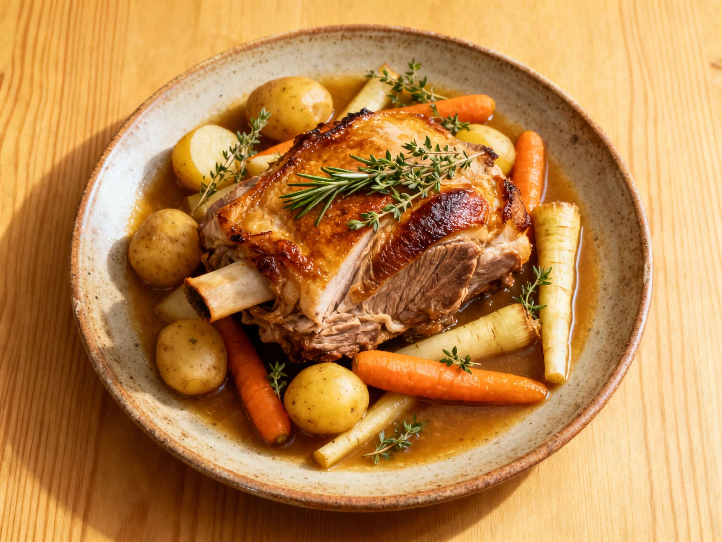 A heartwarming, overhead view of a rustic ceramic casserole dish brimming with succulent, pull-apart braised pork shoulder. Bright orange carrots, creamy yellow potatoes, and tender parsnips are nestled amongst the pork, all bathed in a rich, savory gravy. Fresh green sprigs of rosemary are artfully placed on top, adding a vibrant garnish to this comforting, home-cooked meal, ready to be served on