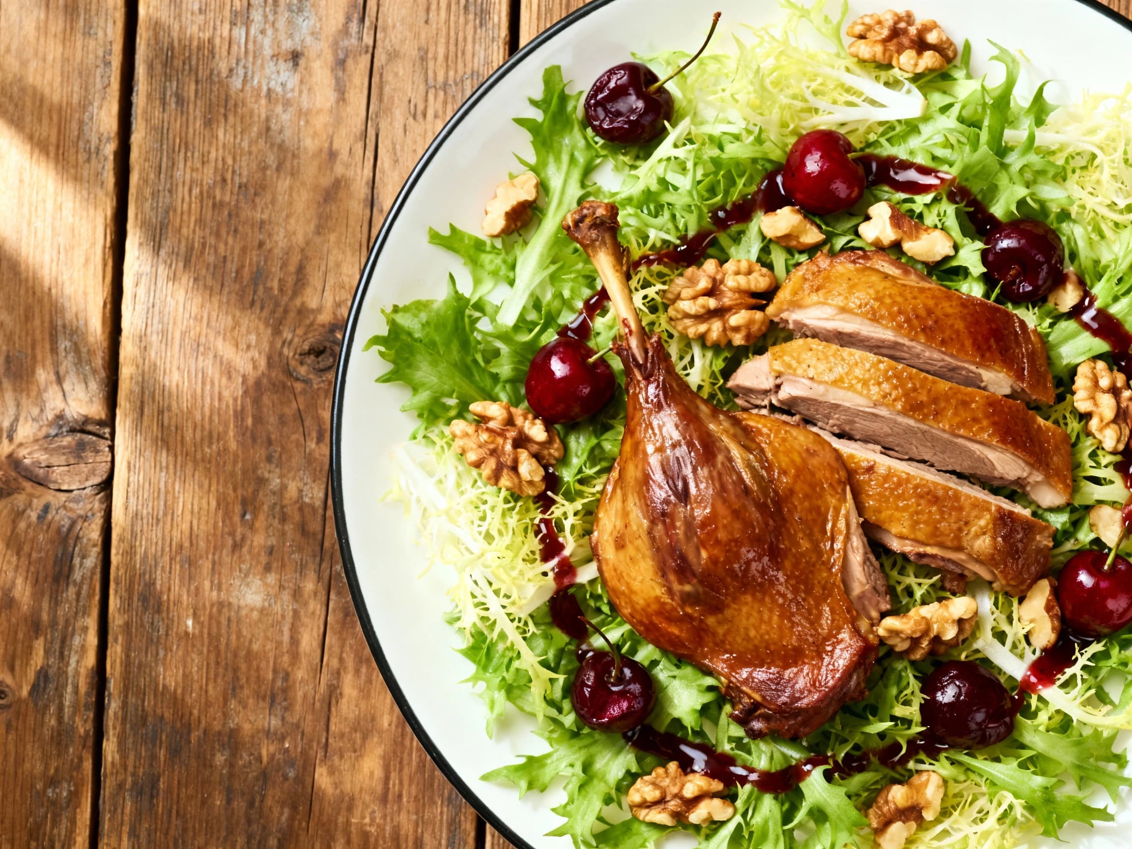 Duck Confit Salad with Frisee, Walnuts, and Cherry Vinaigrette - Image 1