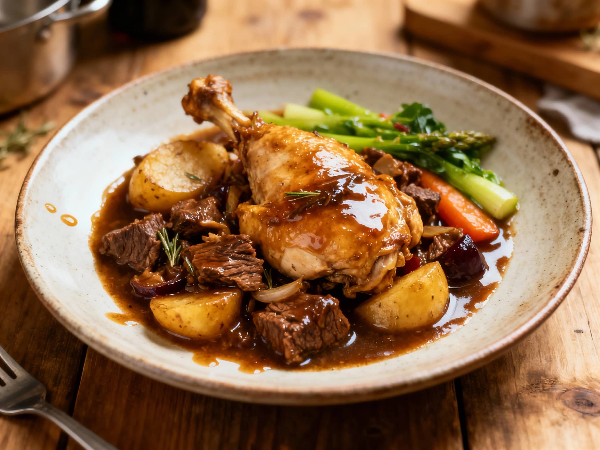 Coq au Vin with Beef & Red Wine Reduction