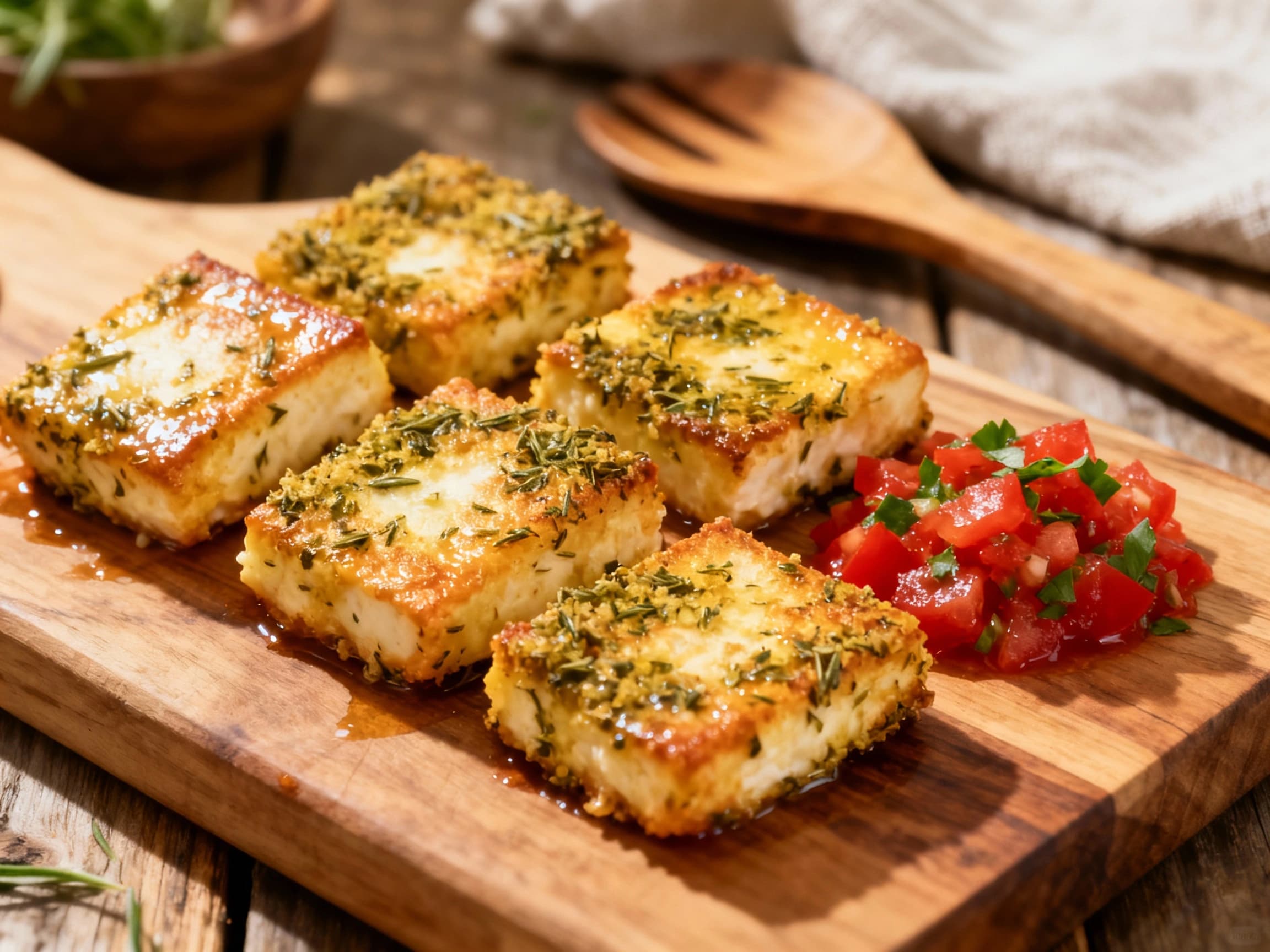 Herb-Crusted Saganaki Bites with Tomato Relish - Image 1