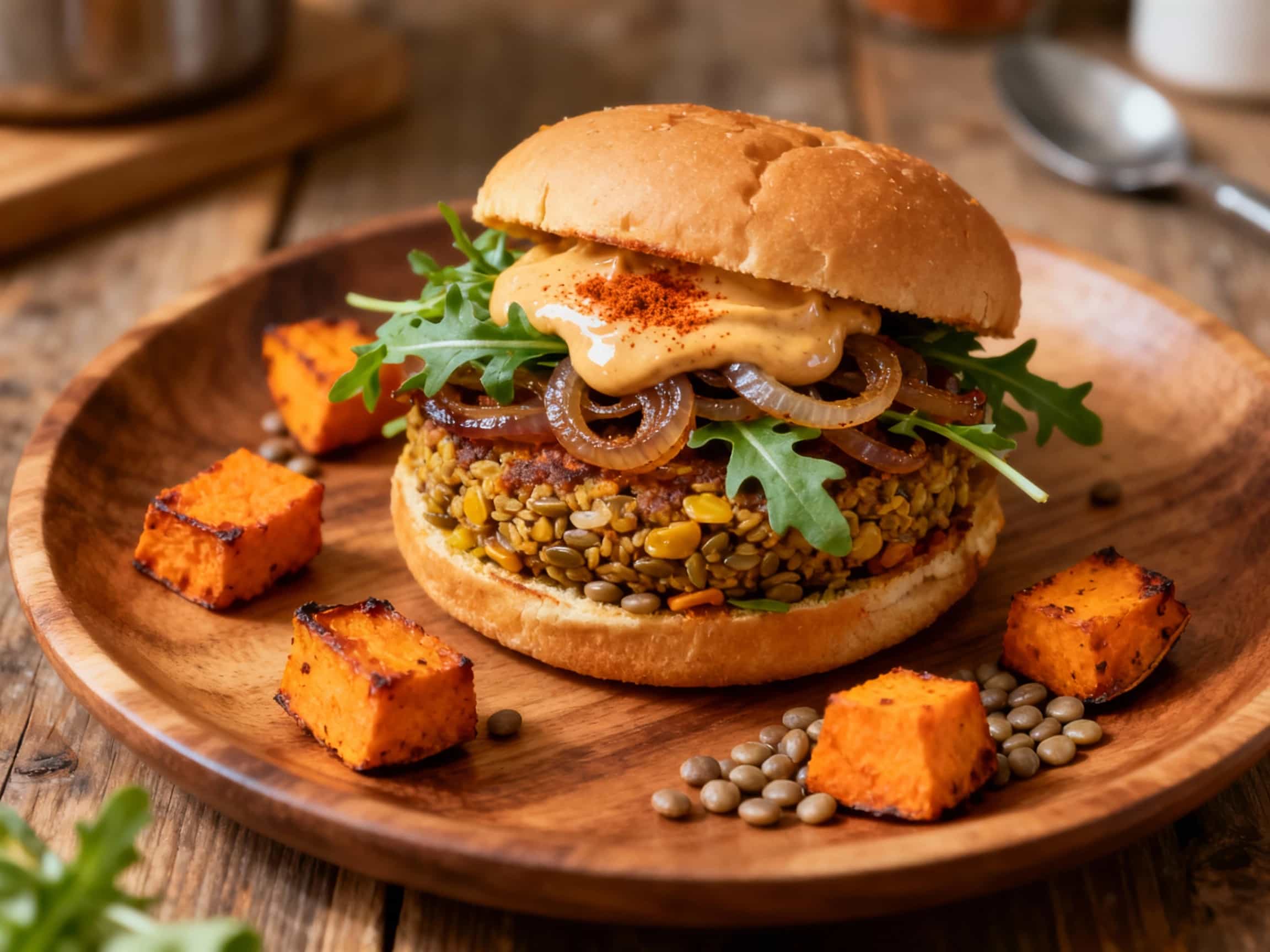 Roasted Sweet Potato Lentil Burger with Smoky Paprika Aioli - Image 1