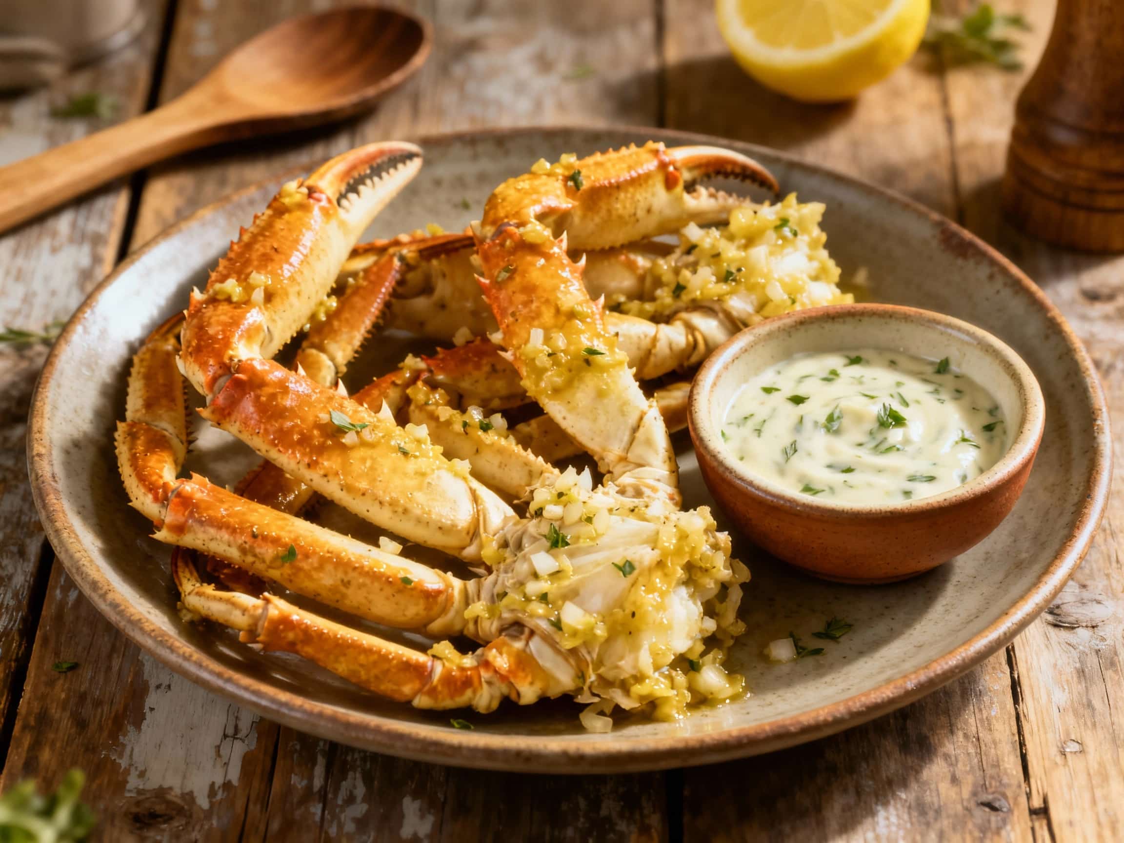 Garlic Butter Crab Legs with Lemon Herb Dip