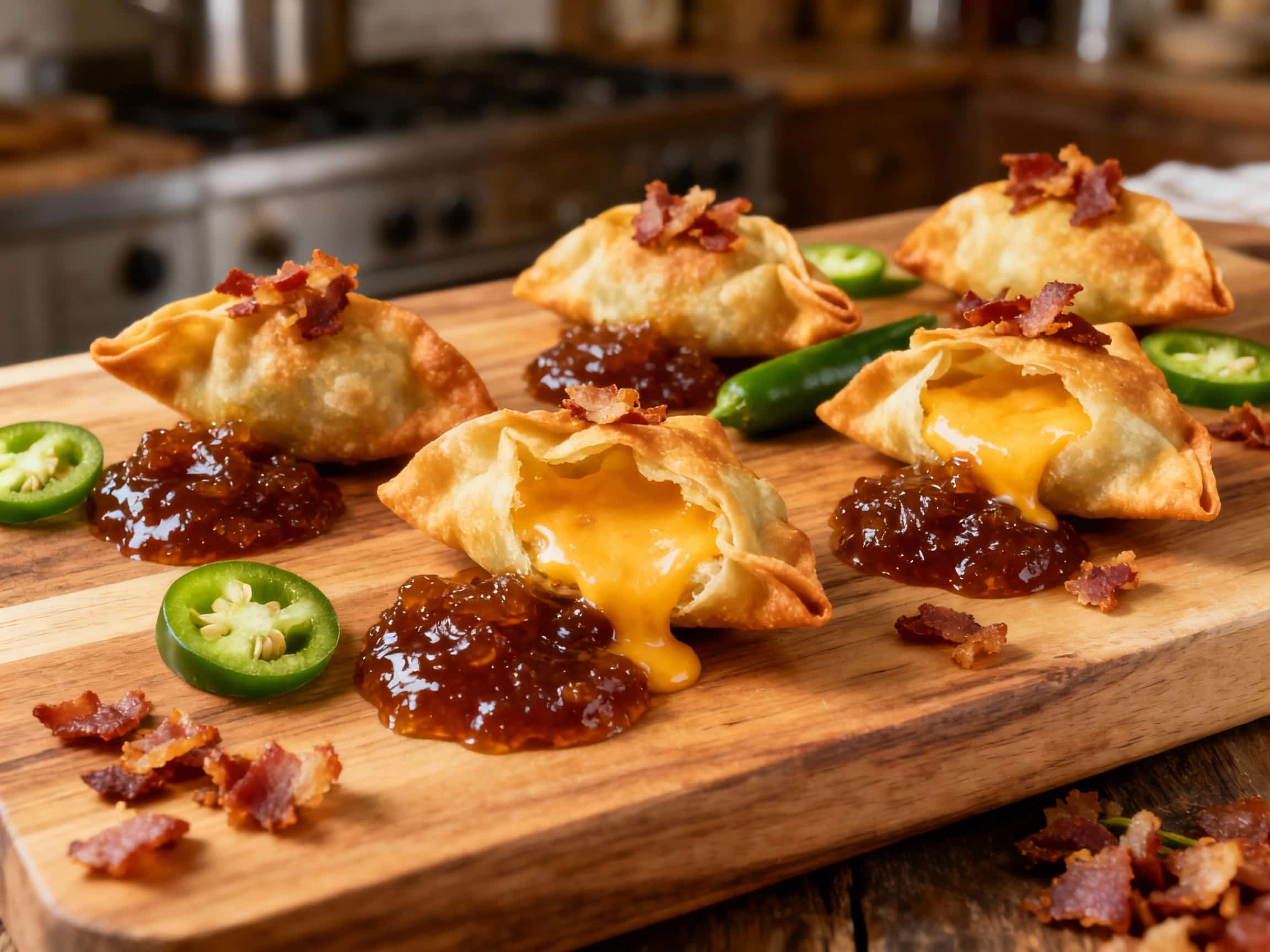 Jalapeno Popper Wontons with Bacon Jam