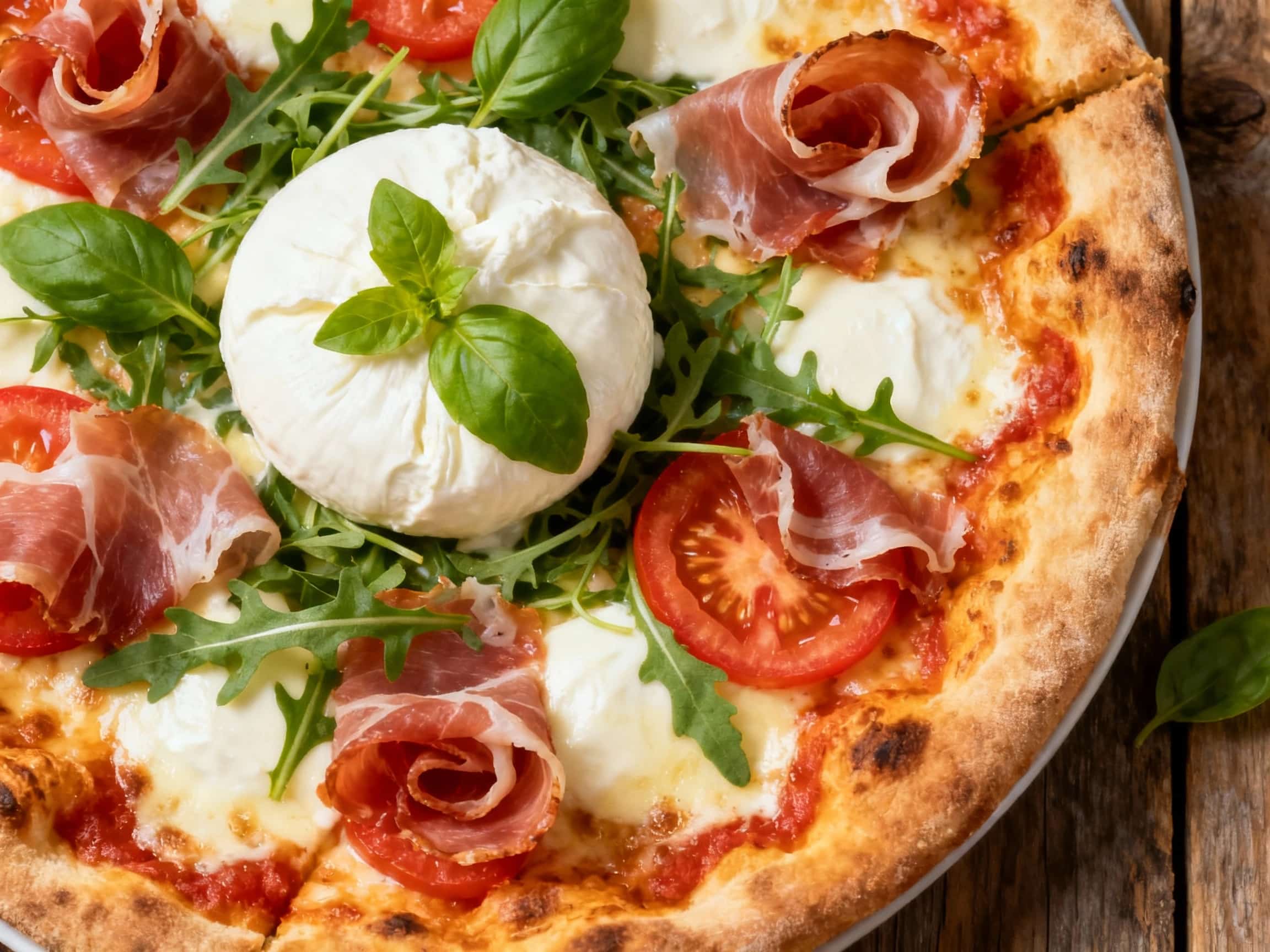Burrata Margherita Pizza with Prosciutto and Arugula