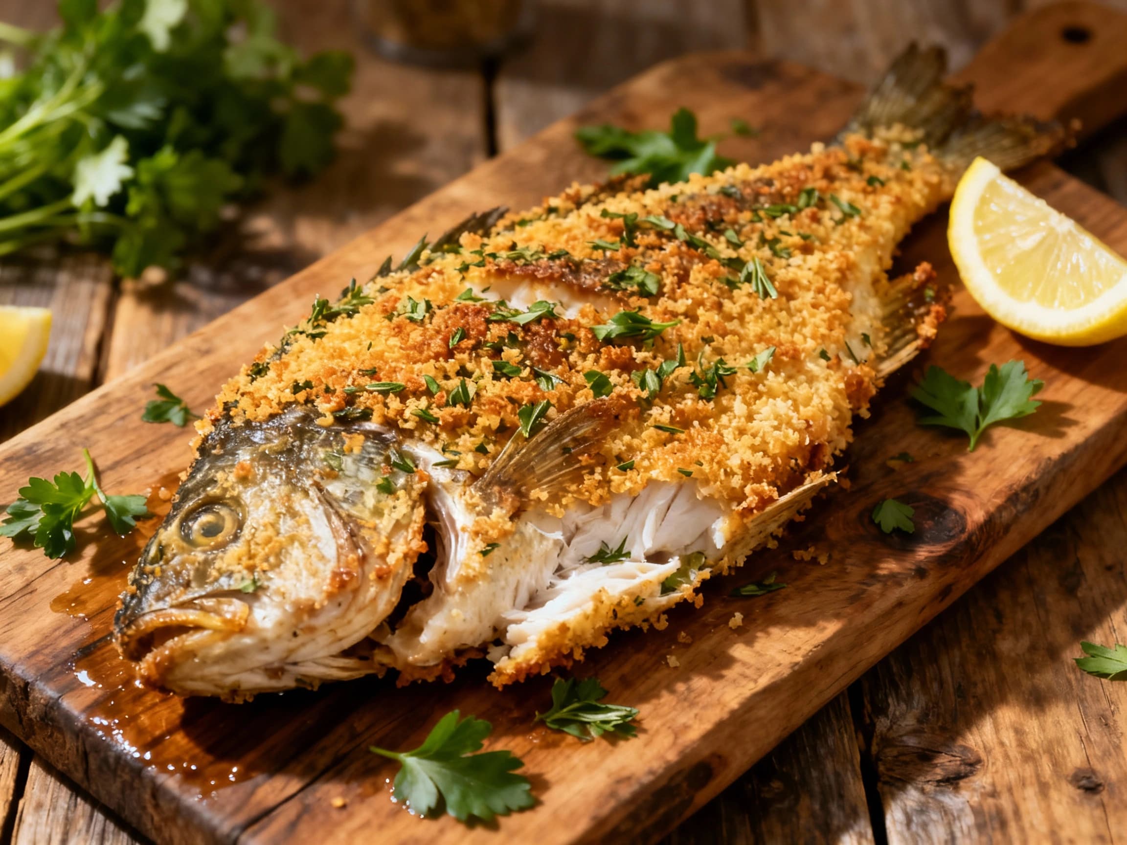 Golden-brown panko-crusted carp sits on a rustic wooden board, garnished with fresh green herbs and lemon wedges, showcasing its flaky texture and inviting aroma.