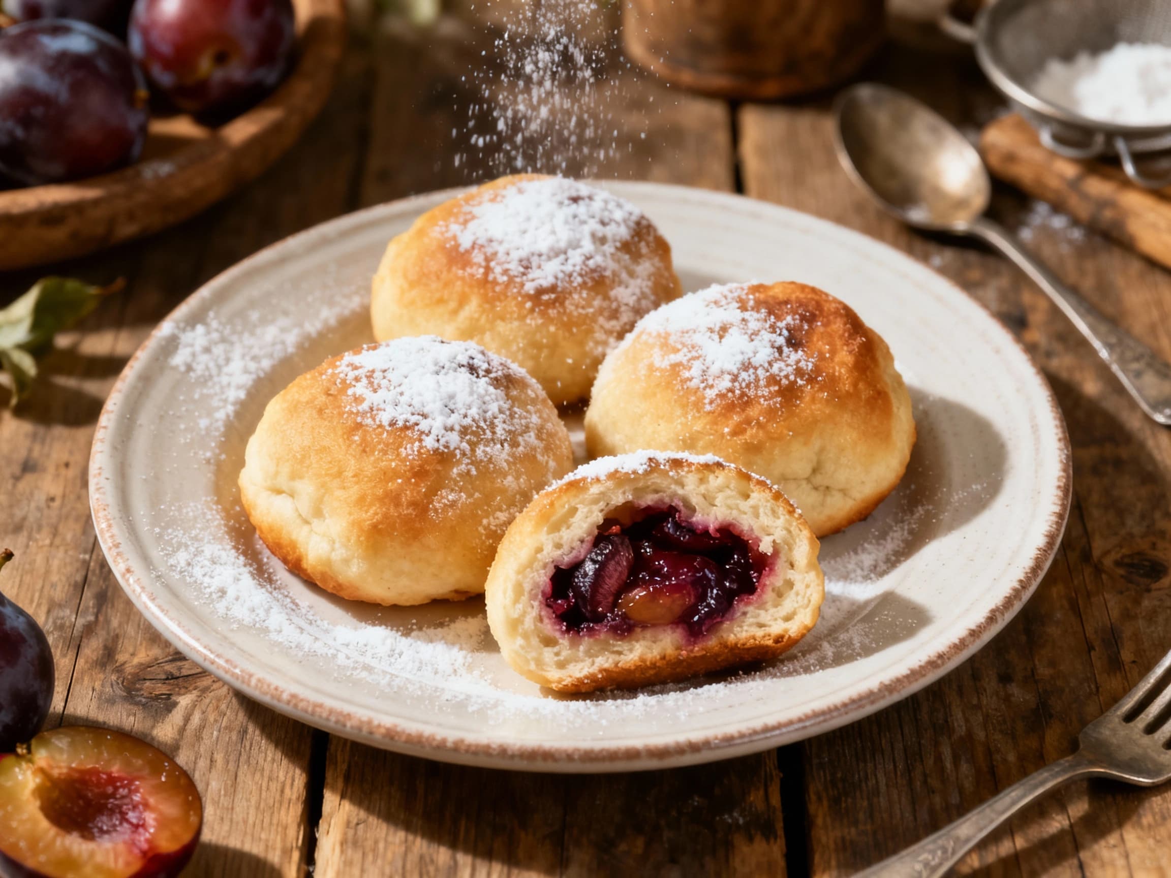 Plump, golden Moravian plum dumplings rest in a rustic ceramic bowl, dusted lightly with powdered sugar and a sprinkle of cinnamon, evoking comfort.