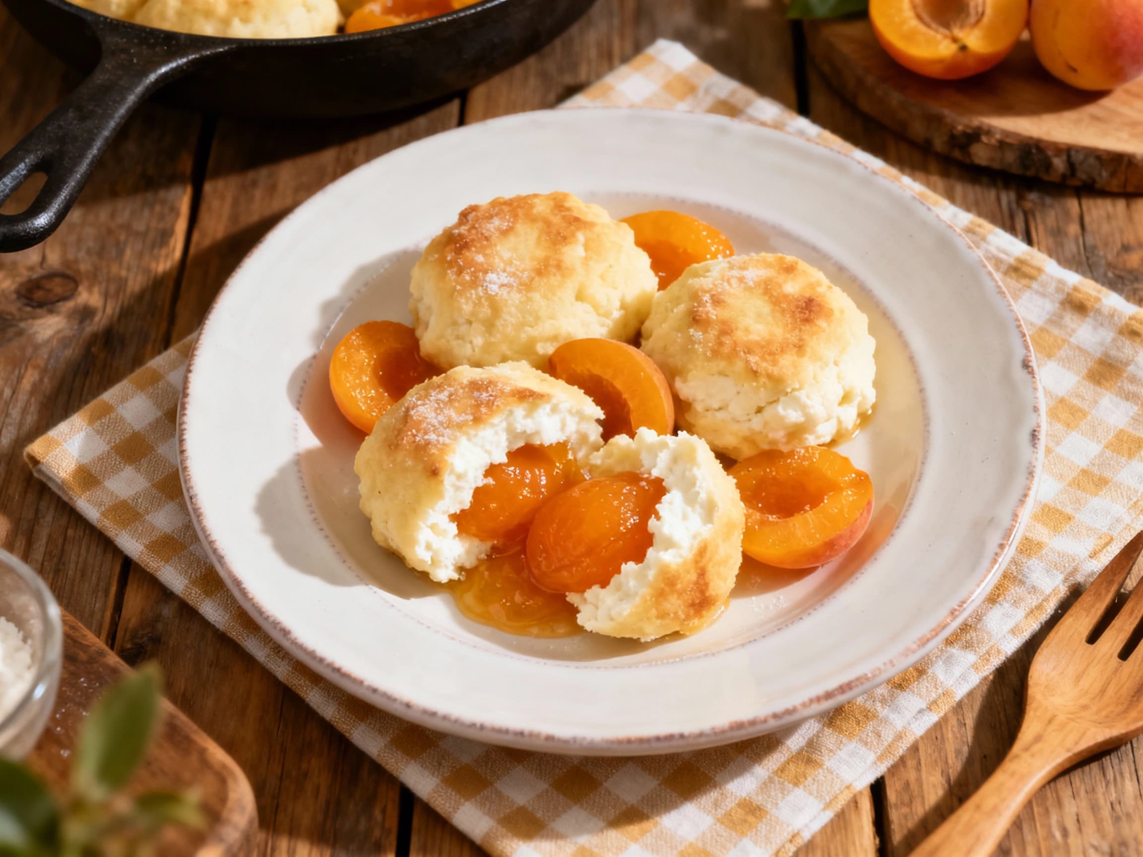Warm, fluffy apricot dumplings gently nestled in a shallow bowl, dusted with powdered sugar and garnished with fresh mint leaves, evoke simple, comforting sweetness.
