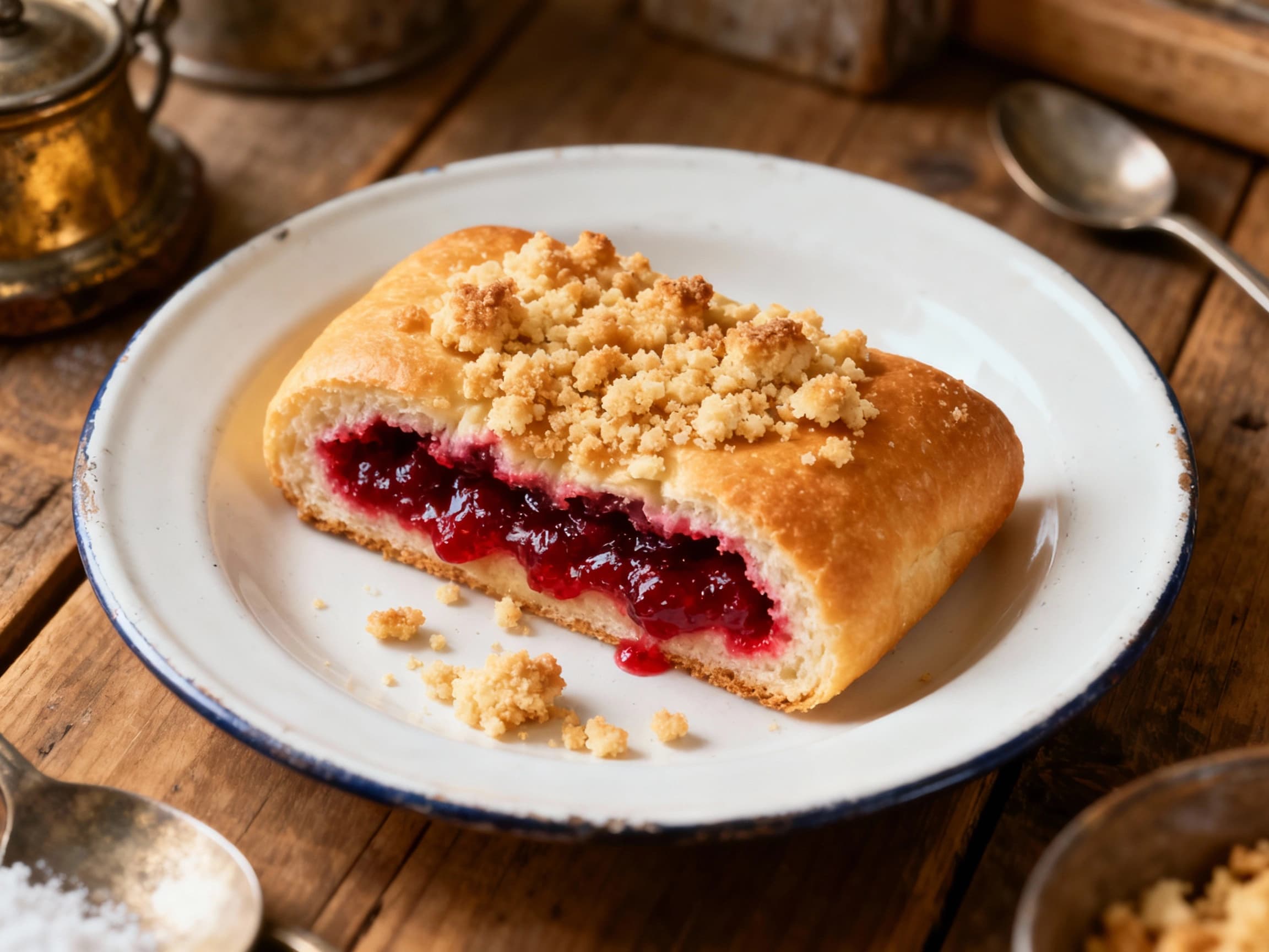 Plump, ripe berries are nestled in a soft pastry, generously topped with a buttery streusel crumble and baked to a golden brown, creating a delightful sweet breakfast treat.