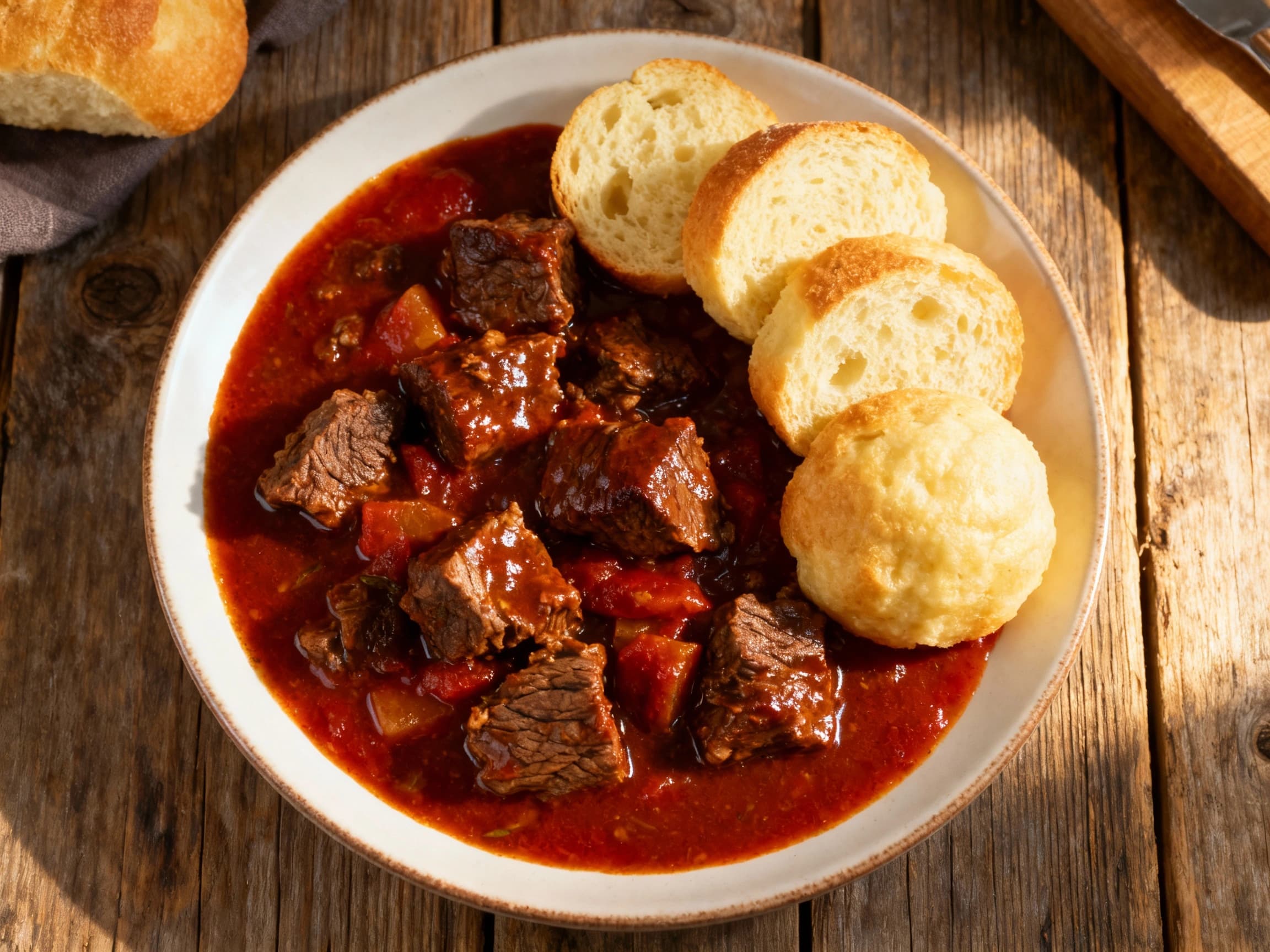 Hearty, dark red beef goulash simmers in its rich sauce, topped with fresh parsley and served alongside fluffy, white bread dumplings on a rustic plate.