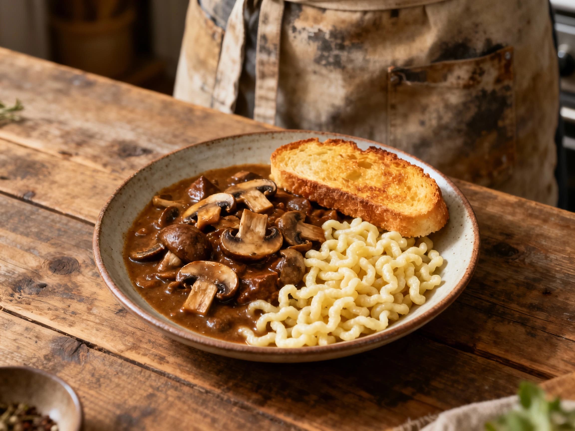 A hearty bowl of rustic mushroom goulash, rich with paprika and earthy flavors, is served alongside a generous portion of fluffy, golden German spätzle.