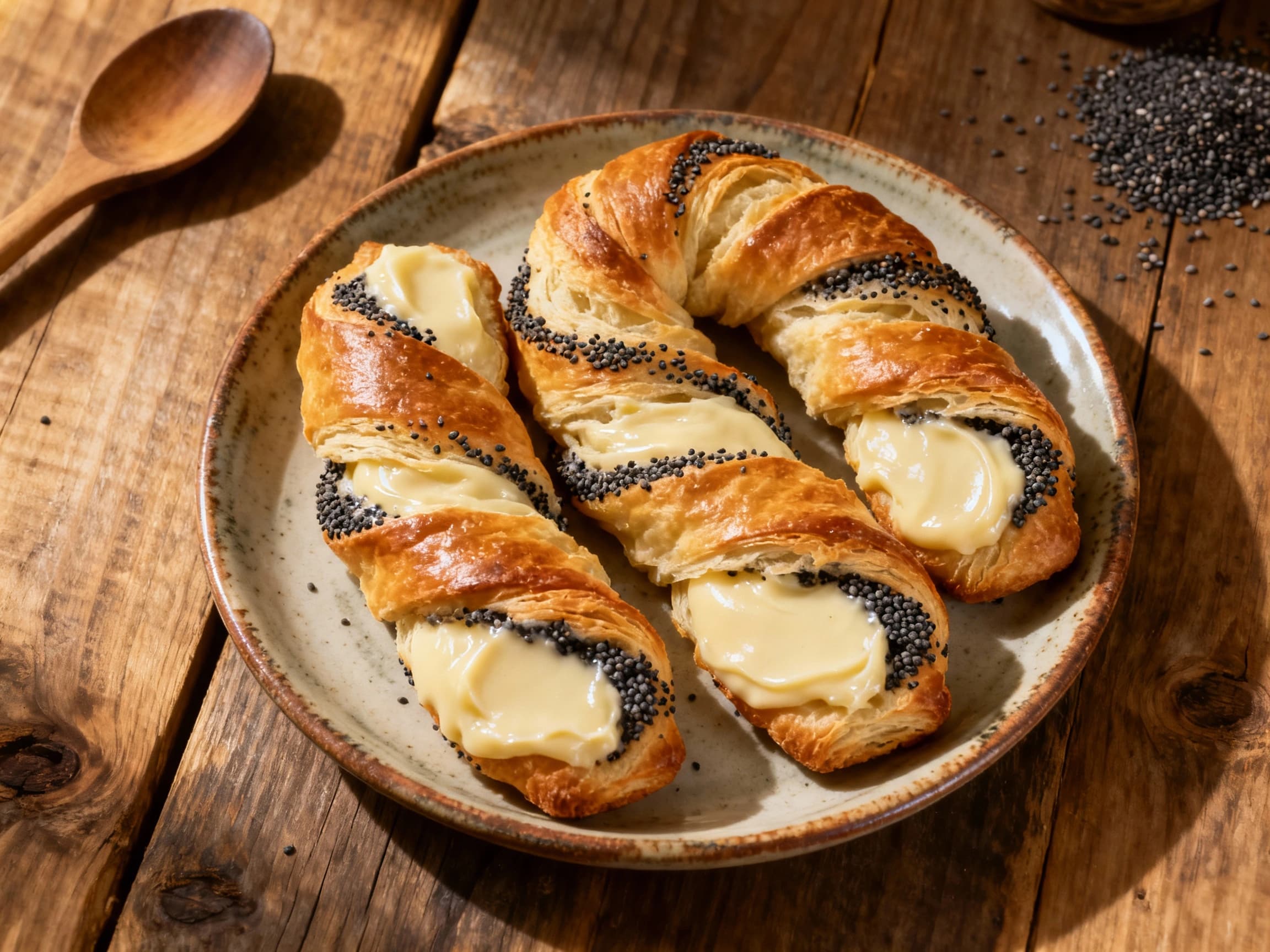 Golden-brown, twisted kolaches filled with creamy tvaroh cheese and dark poppy seeds are artfully arranged on a rustic wooden board, ready to be enjoyed.