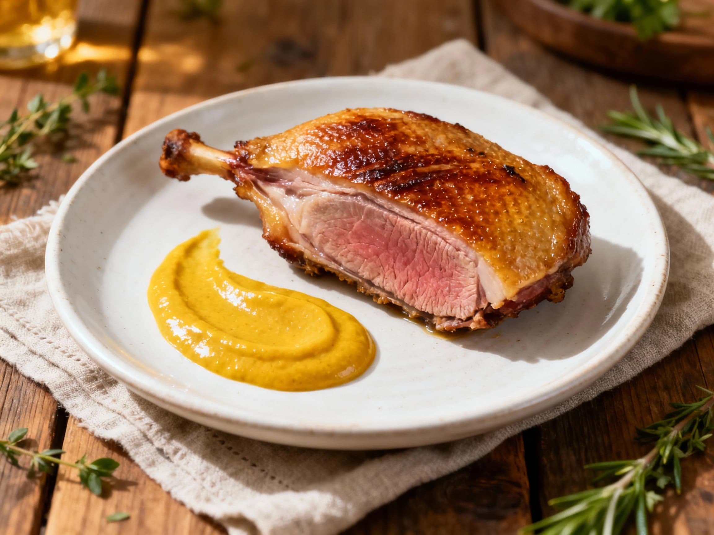 A perfectly pan-seared duck breast with a golden-brown crust, sliced to reveal a tender pink interior, sits atop a creamy mustard sauce, garnished with fresh herbs.