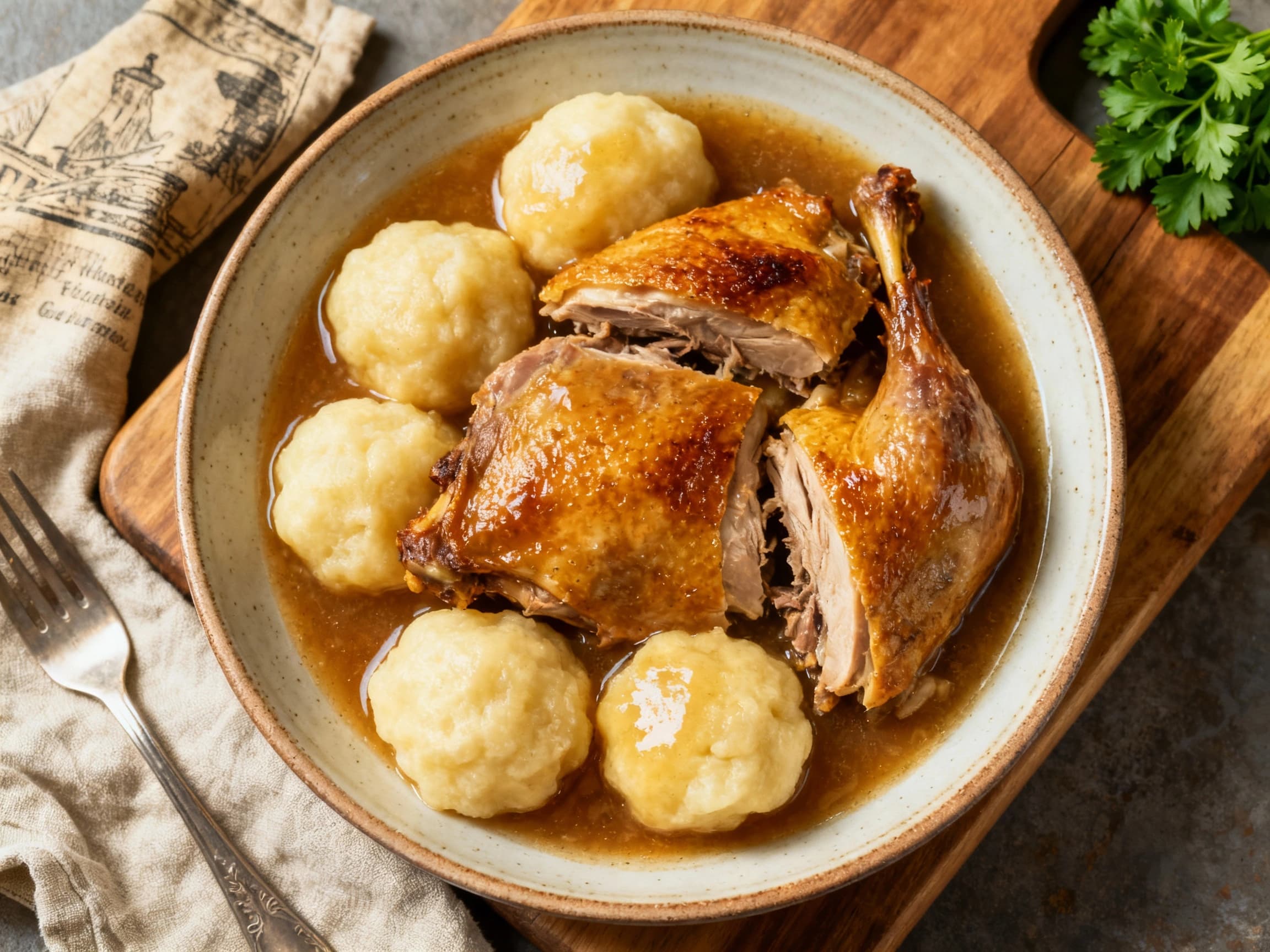 A rustic Dutch oven filled with tender, savory duck casserole, glistening in rich gravy alongside fluffy, golden-brown dumplings, ready to be enjoyed.