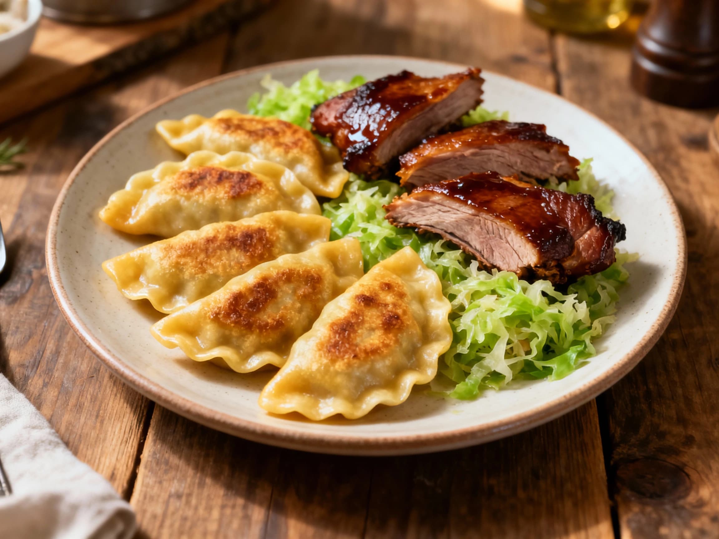 Plump, golden-brown pierogi filled with savory smoked duck and tangy sauerkraut rest invitingly on a rustic wooden board, ready to be enjoyed.