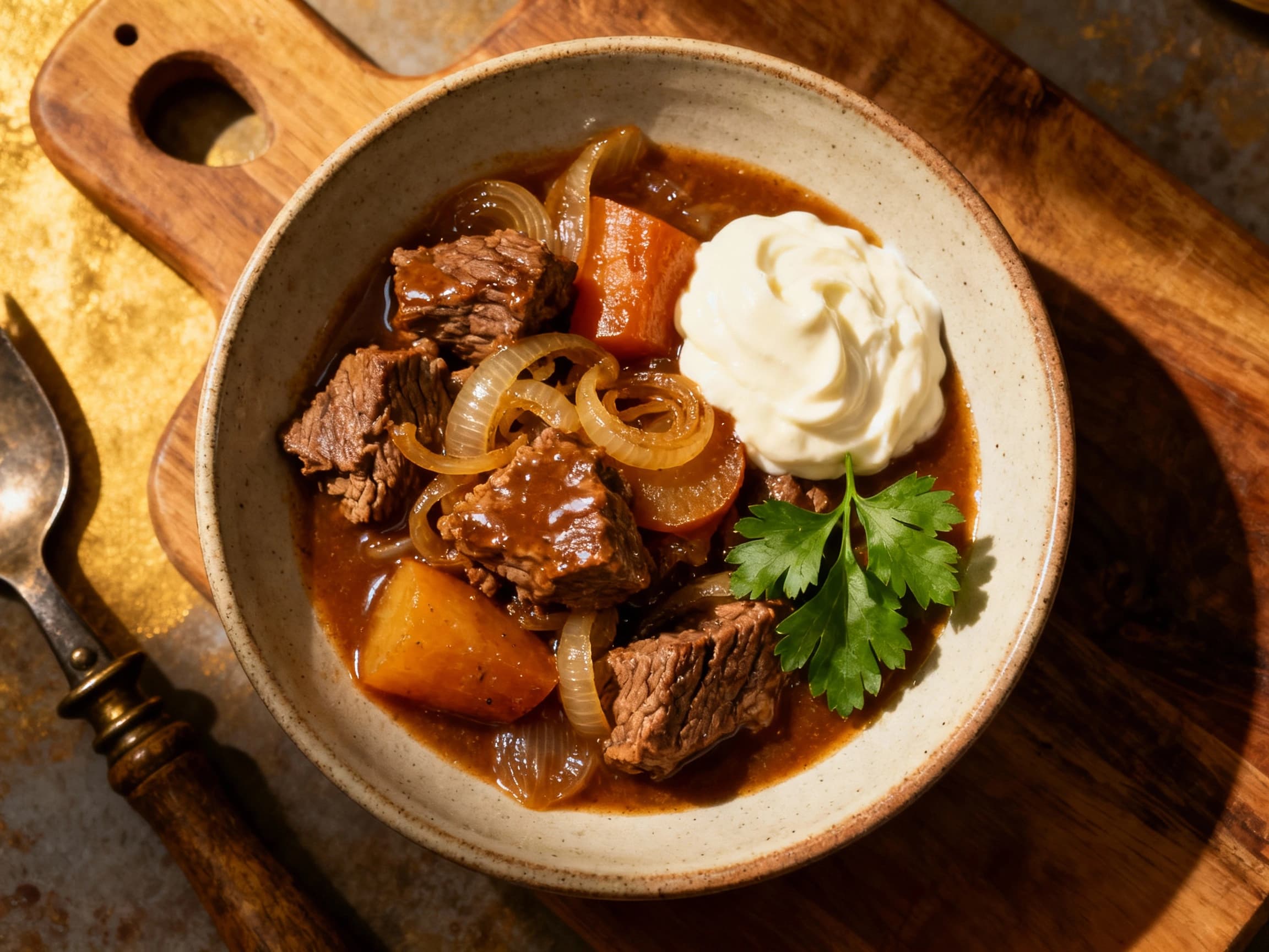 Tender strips of beef are bathed in a rich, creamy sauce in this hearty svíčková-style stew, garnished with a dollop of sour cream and a sprinkle of fresh cranberries.