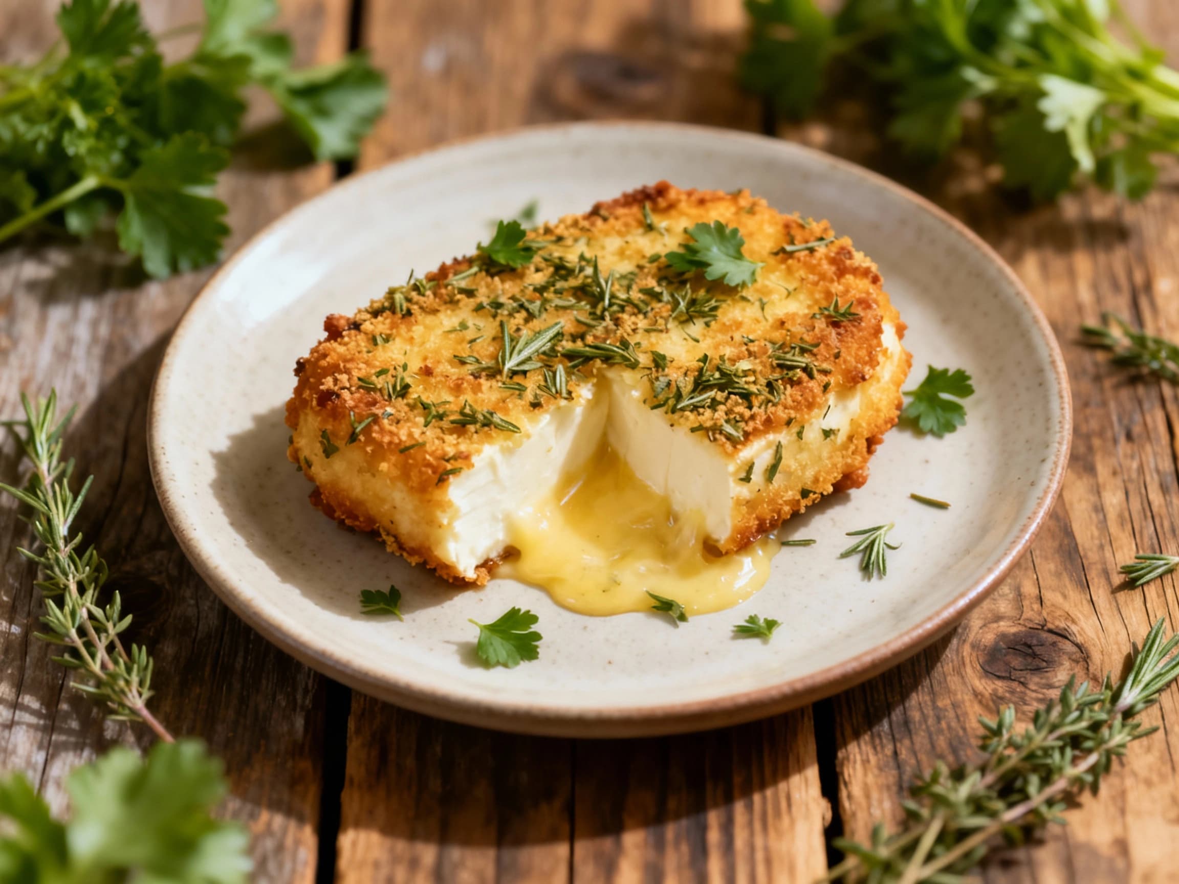 Golden-brown baked smažený sýr, coated in a fresh herb crust, rests on a rustic wooden board, invitingly lit.