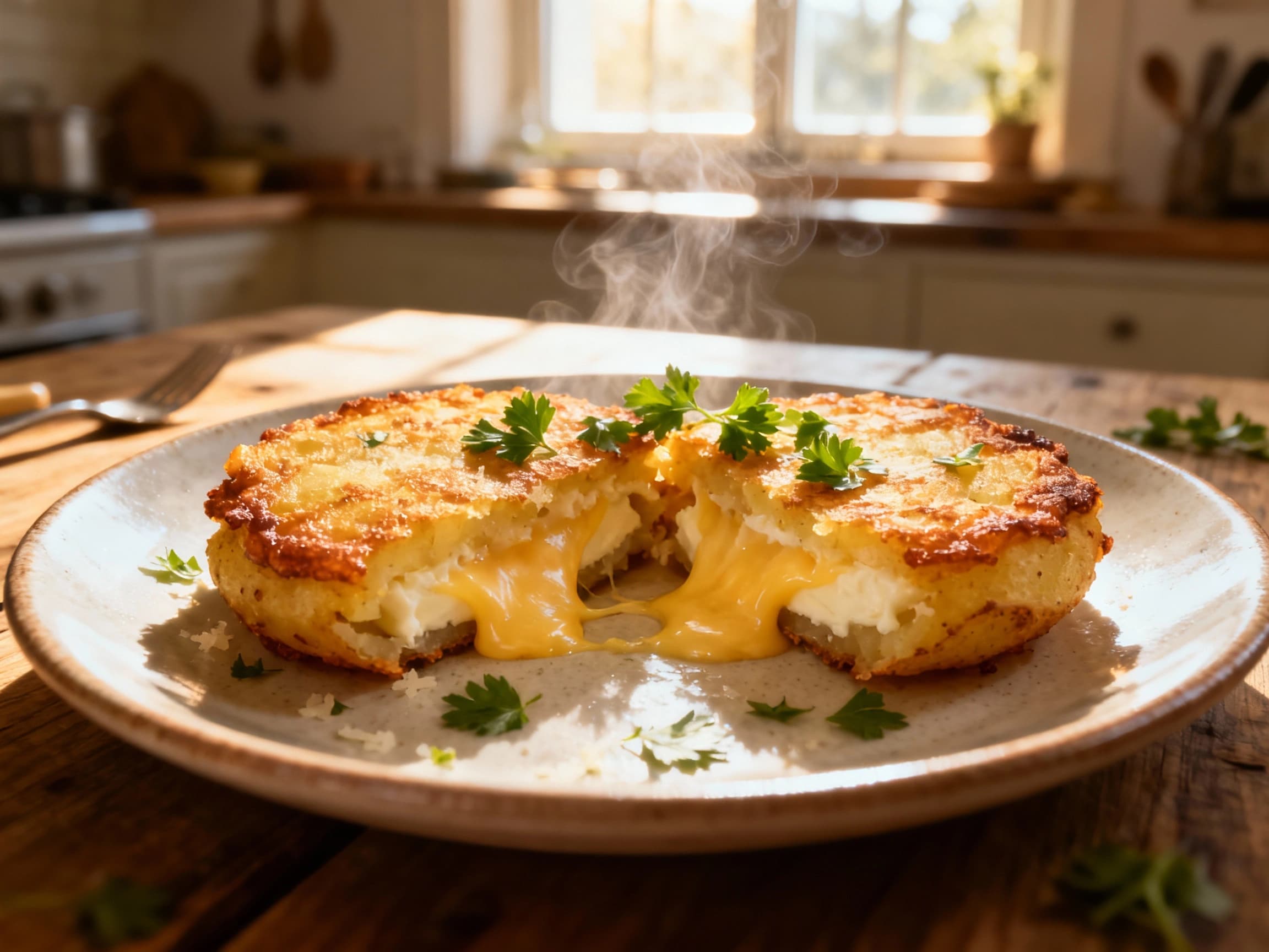 Crispy, golden-brown potato pancakes, stuffed with melted parmesan cheese and pan-fried to perfection, are served hot with fresh, vibrant green herbs sprinkled on top.