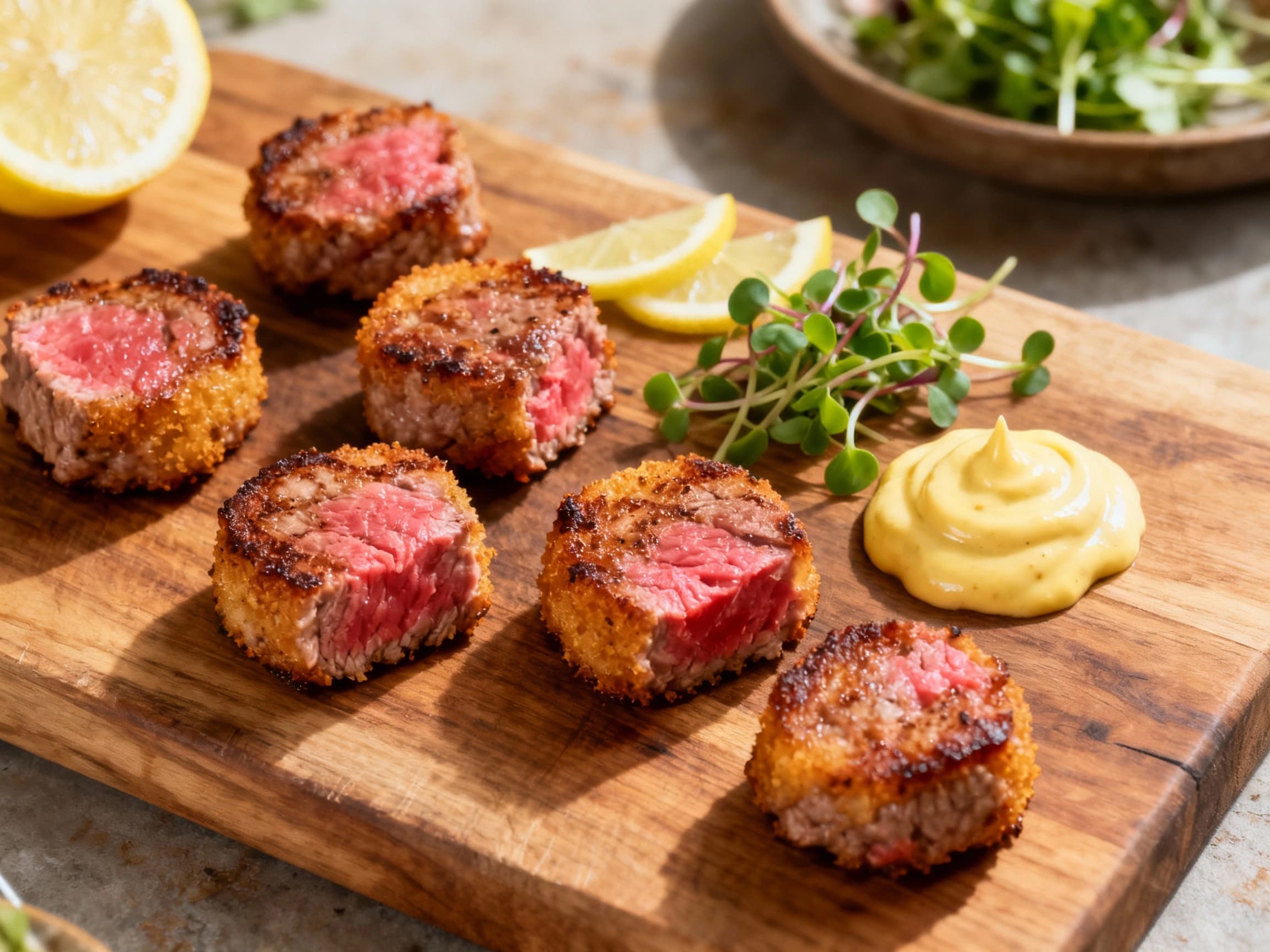 Golden-brown pan-seared tartare bites are artfully arranged on a white platter, drizzled with creamy Dijon aioli and garnished with fresh chives.