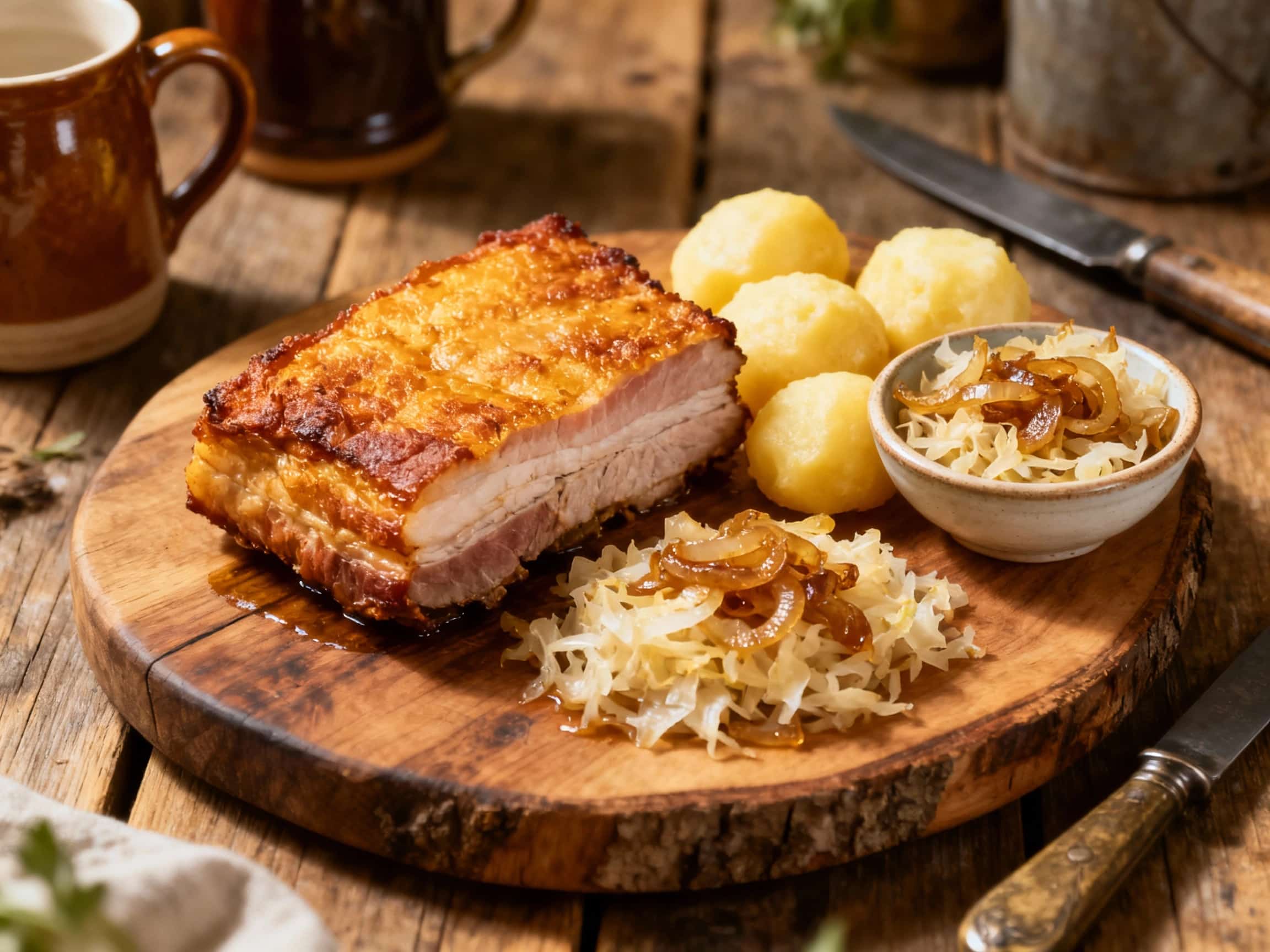 Crispy Pork Belly with Caramelized Onion Sauerkraut and Potato Dumplings