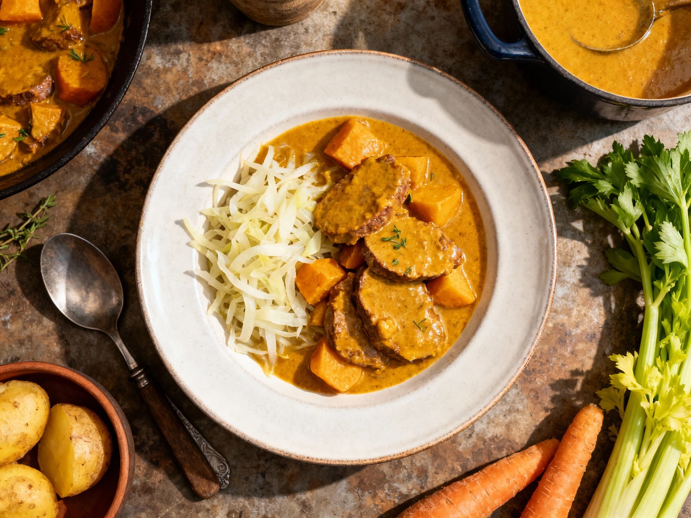 A creamy, rich slice of vegetarian Svíčková, featuring tender celeriac, is generously topped with a dollop of sour cream and a vibrant cranberry garnish, presented on a rustic white plate.