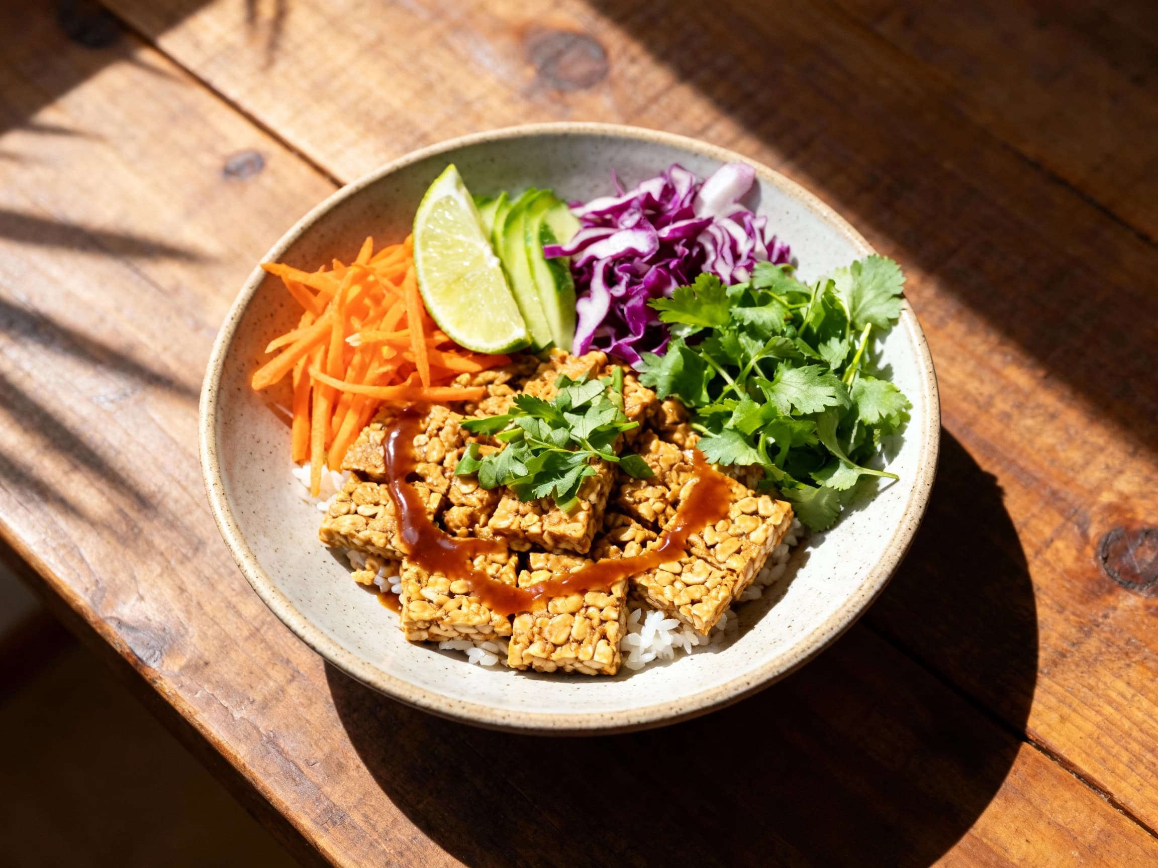 A vibrant vegan tartare bowl featuring tender tempeh cubes, ruby-red beets, and creamy avocado, artfully arranged with fresh herbs and a glistening drizzle of sauce.