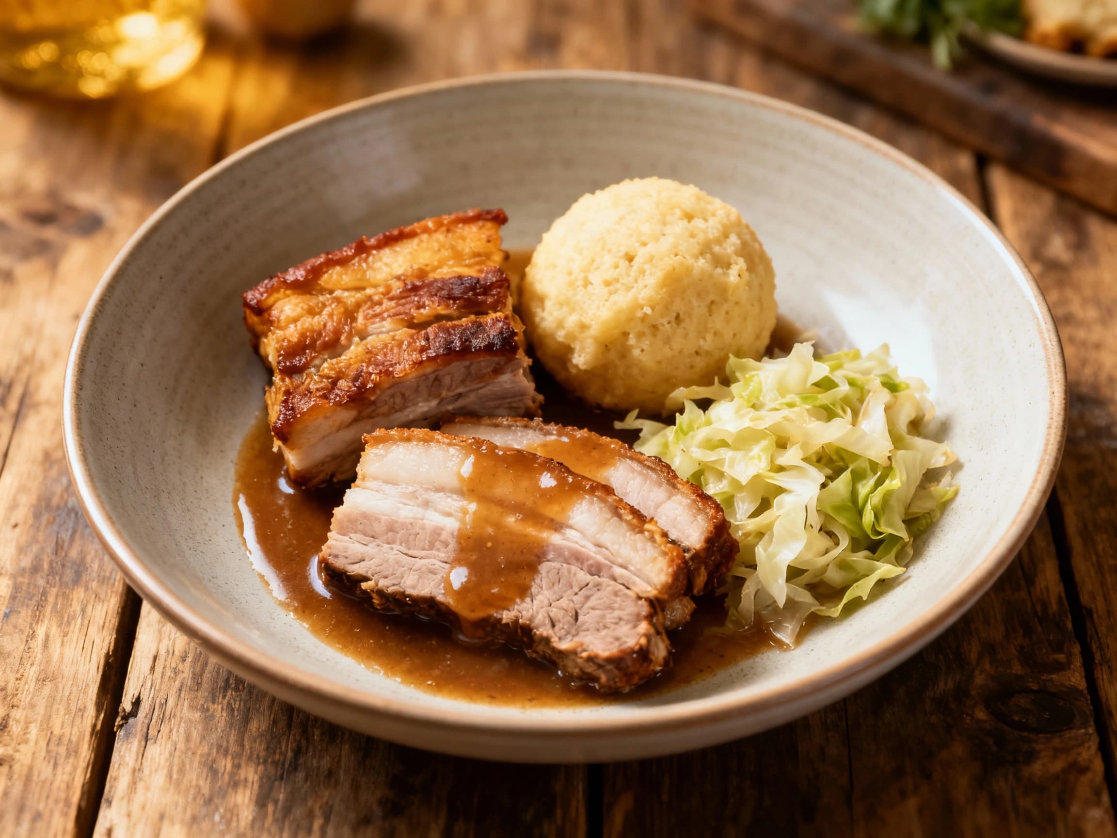 A beautifully deconstructed Czech classic features tender roasted pork shoulder slices, fluffy bread dumplings, and savory braised red cabbage, artfully arranged in a modern bowl with a drizzle of pan sauce.