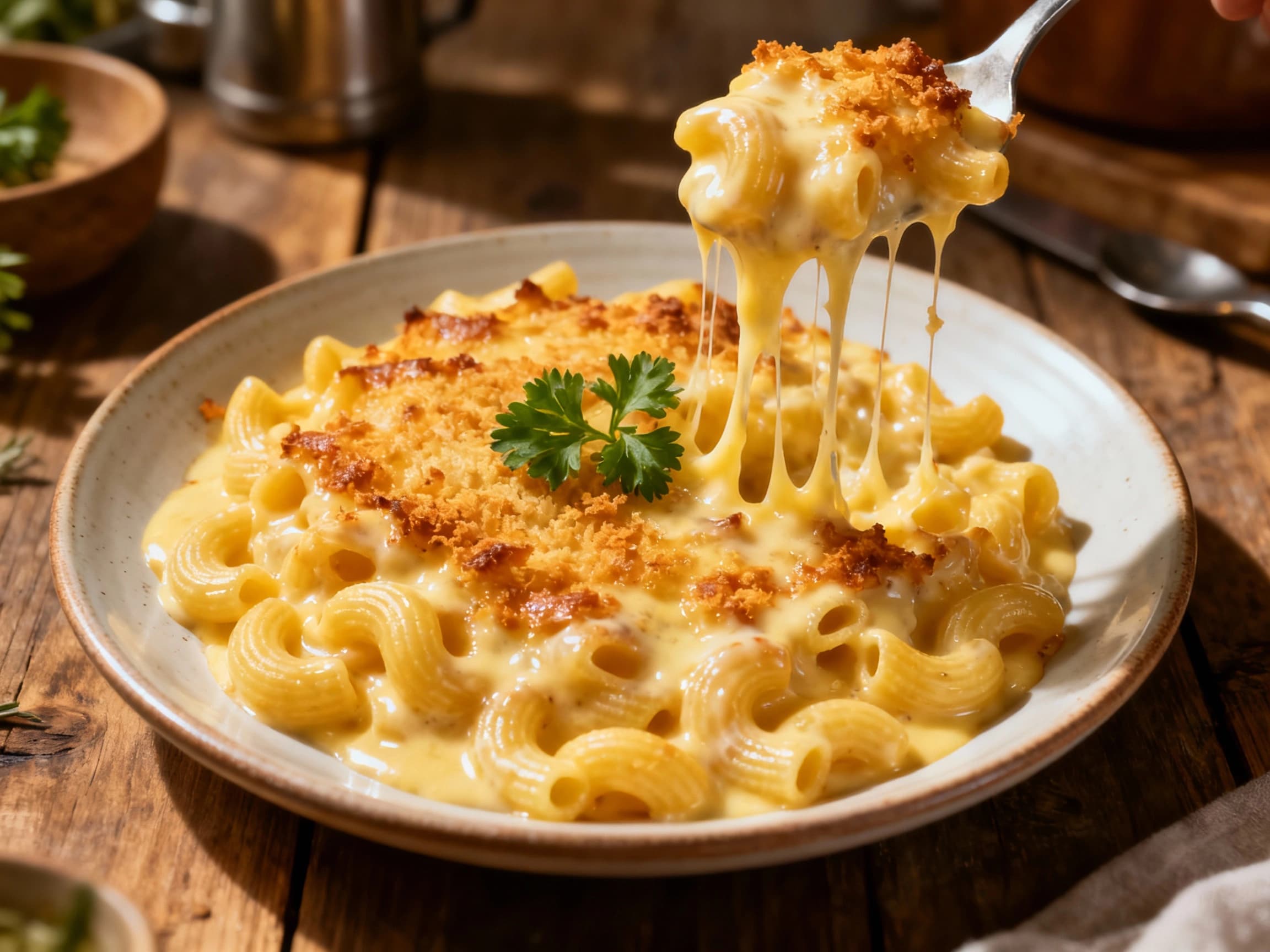 A golden-brown baked macaroni and cheese dish, bubbling and rich with Mornay sauce, is served in a rustic ceramic bowl, topped with a sprinkle of fresh parsley for a vibrant garnish.