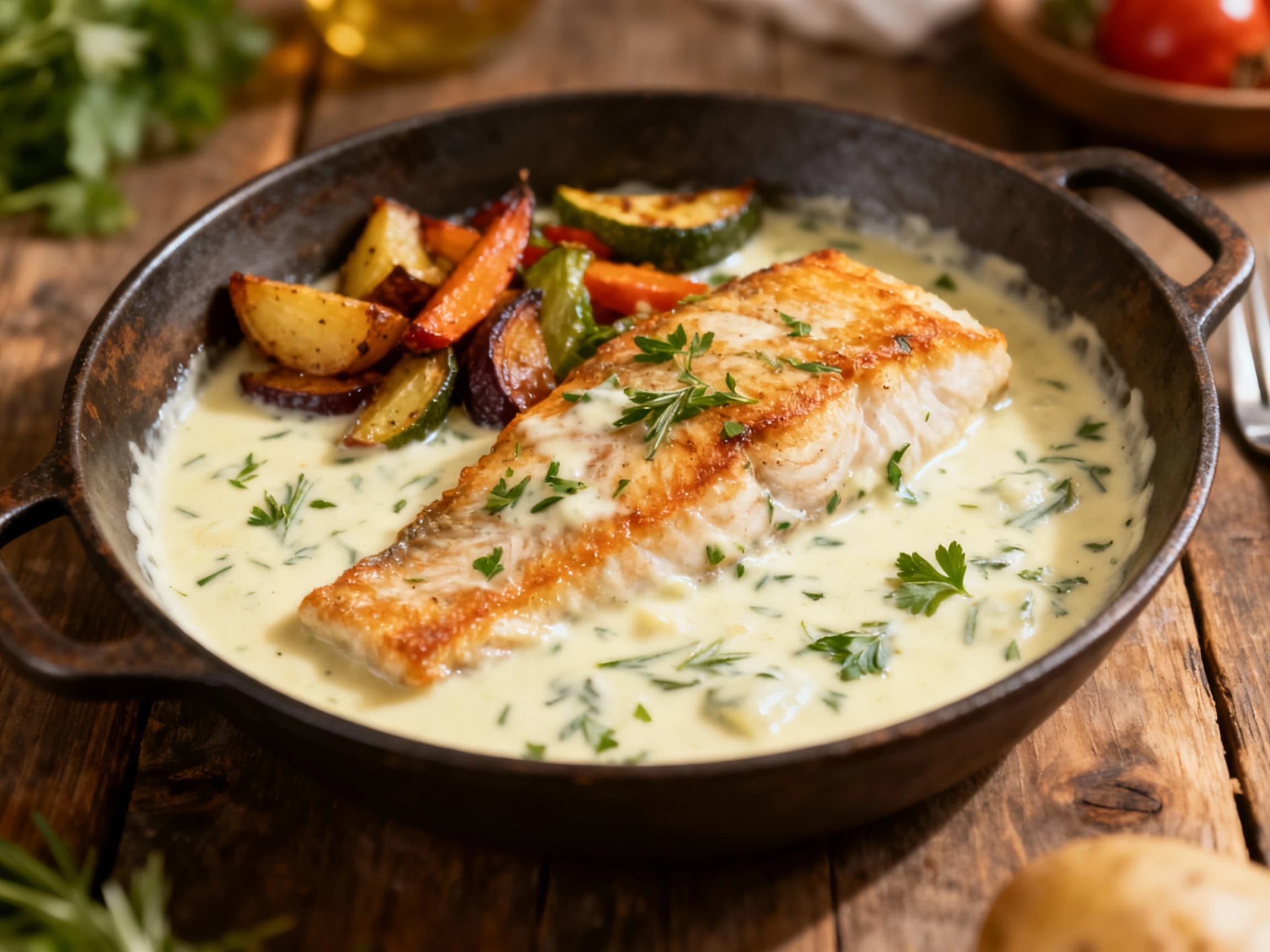 A creamy, white béchamel sauce is lightly dolloped over a piece of perfectly cooked white fish, garnished with fresh green herbs, creating an elegant and inviting presentation.