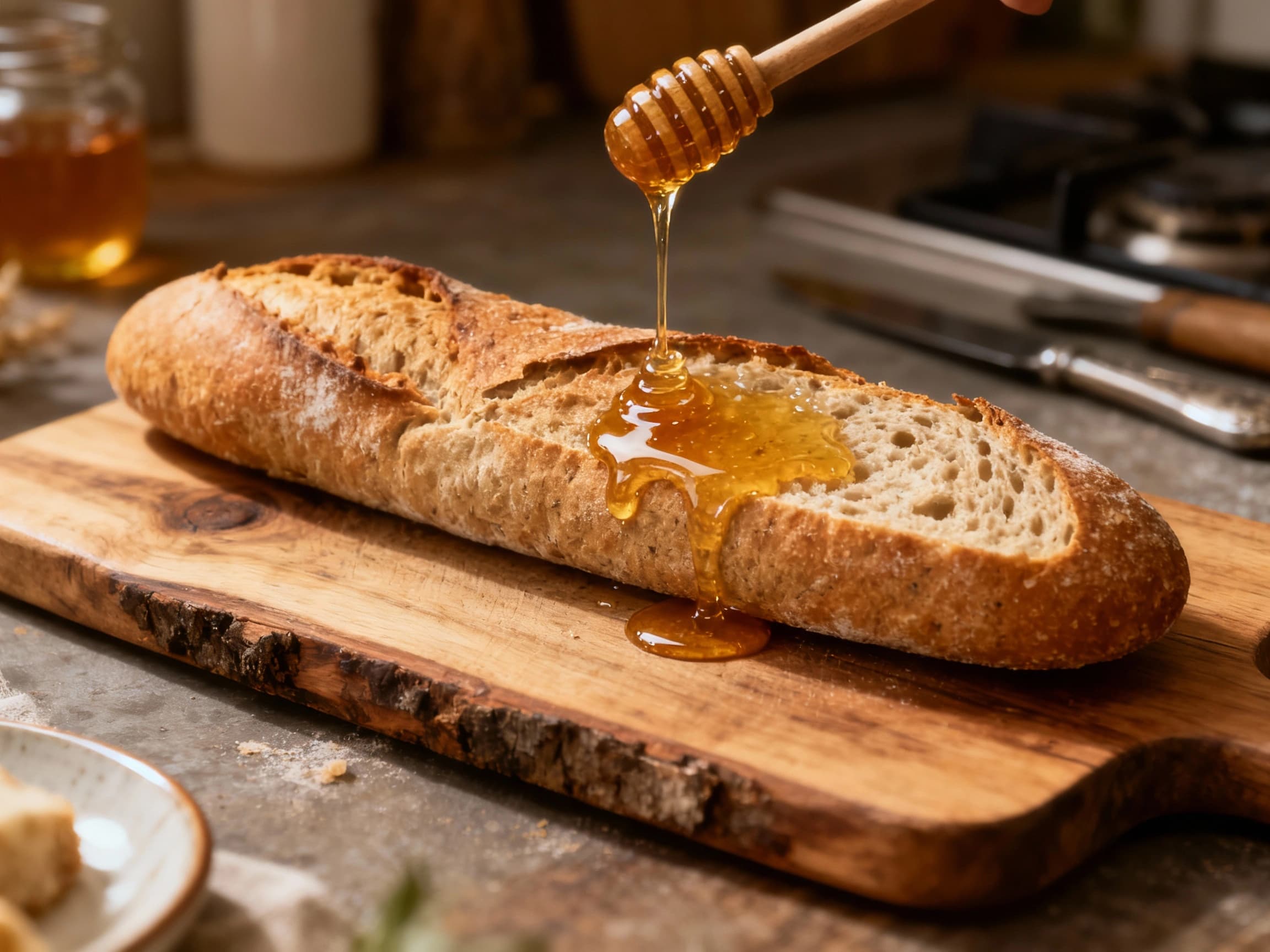 A golden-brown whole wheat baguette lies on a wooden board, glistening with a honey glaze and topped with a sprig of fresh rosemary, inviting a delicious, rustic meal.
