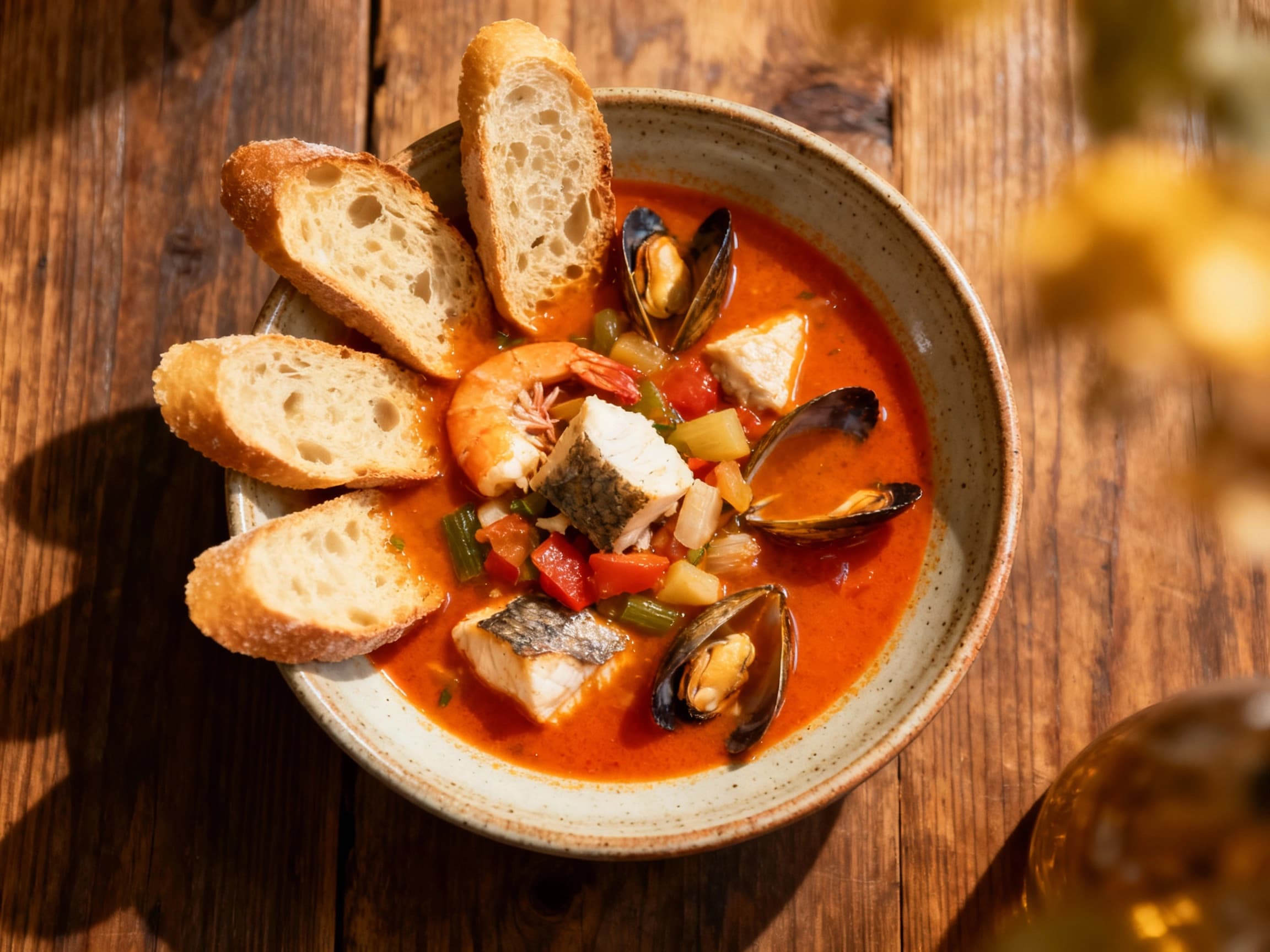 A rustic, steaming bowl of bouillabaisse, brimming with tender fish, mussels, and vibrant saffron broth, garnished with fresh parsley and served with crusty bread.