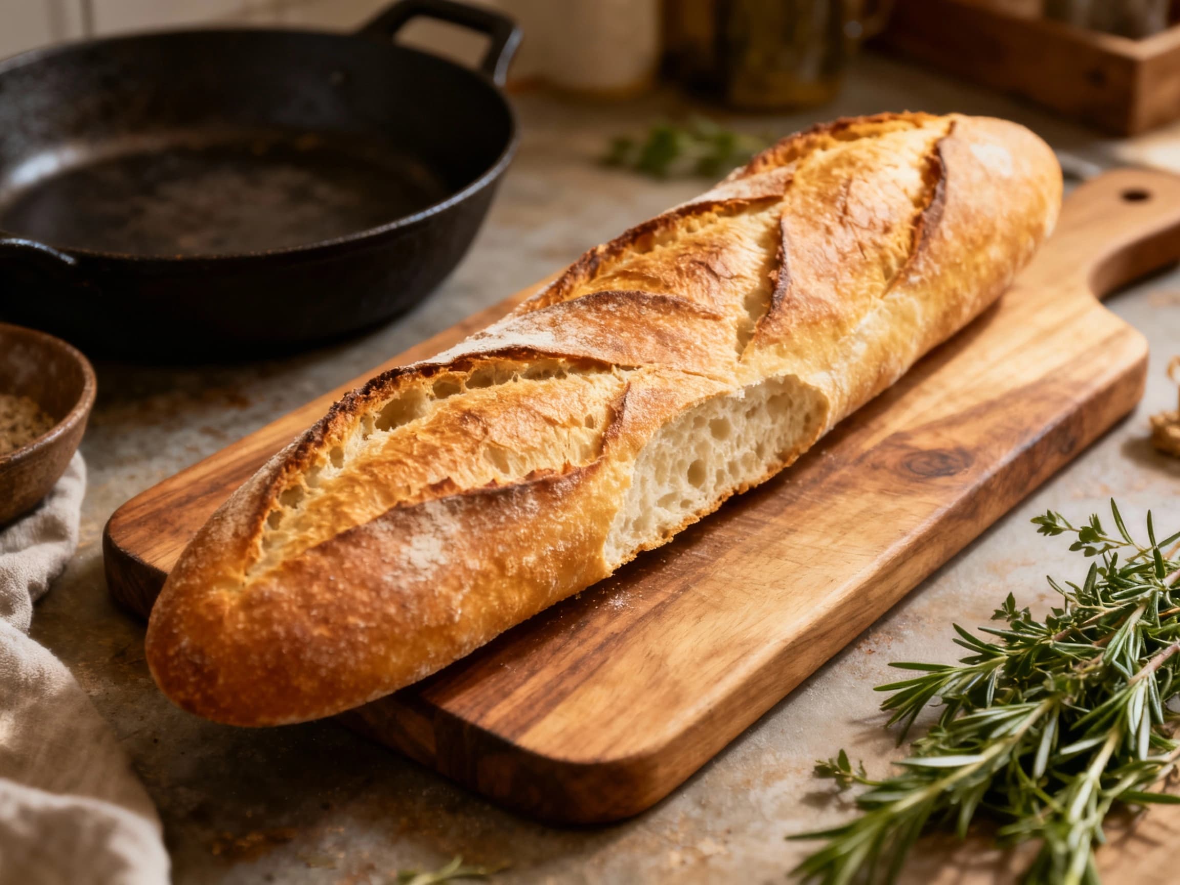 A beautifully golden-brown, artisanal French baguette rests on a rustic wooden cutting board, dusted lightly with flour, ready to be sliced and shared.