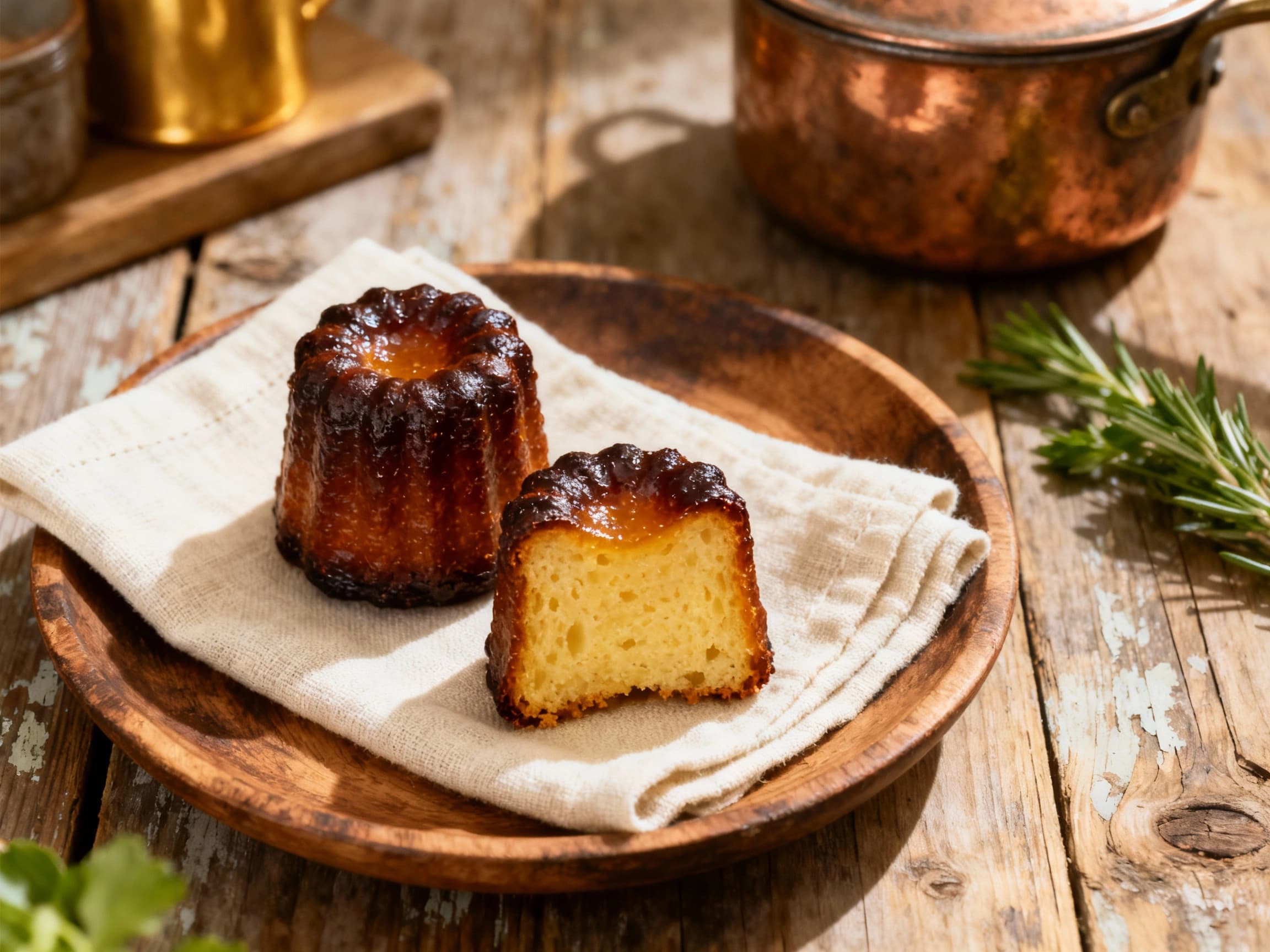 Golden-brown, tall cannelés with a dark, caramelized crust and a soft custard center sit nestled on a cooling rack, ready to be enjoyed.