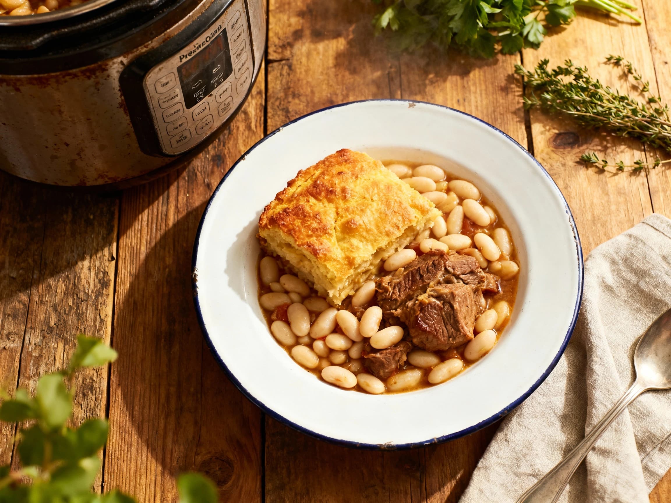 A rustic, comforting pressure cooker cassoulet is served in a white ceramic dish, topped with fresh parsley and a hint of olive oil.
