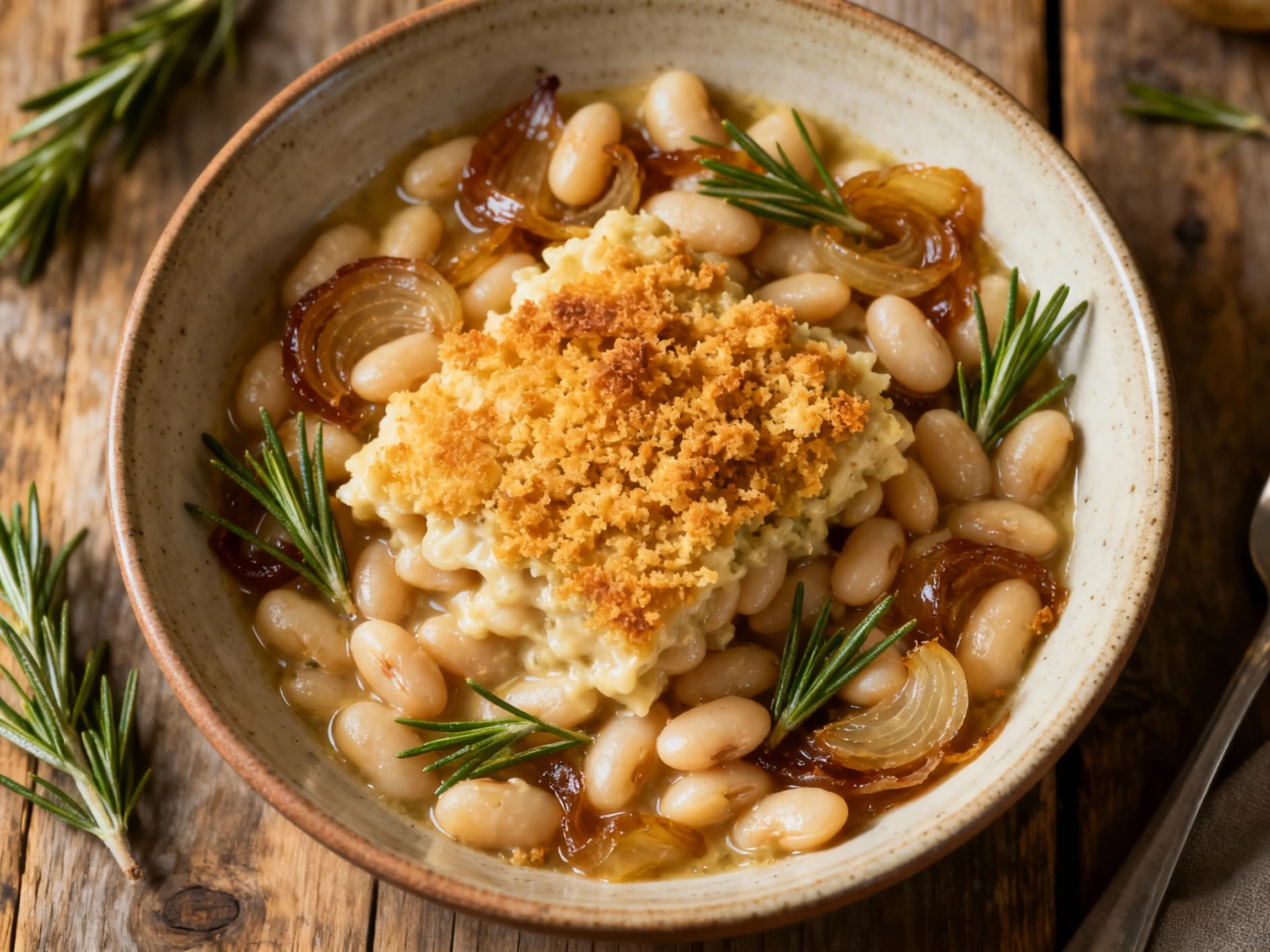 A rustic cast iron pot overflows with creamy white beans, tender vegetables, and a golden-brown crust, evoking a hearty and comforting French countryside meal.