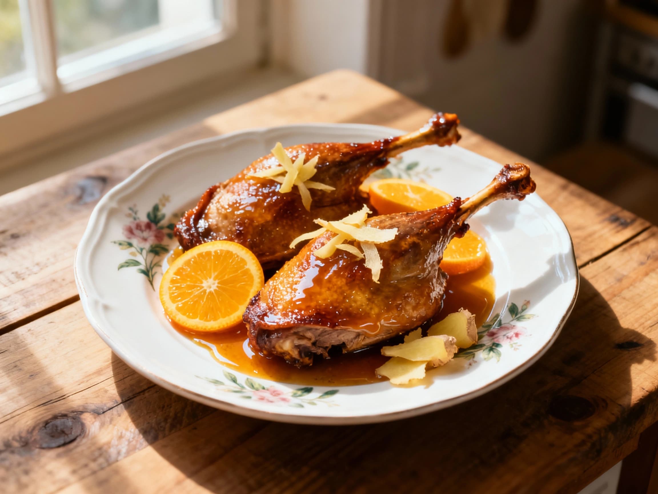 Golden-brown duck legs glisten with a sticky orange ginger glaze, artfully arranged on a rustic plate, catching the warm light for a cozy, inviting presentation.