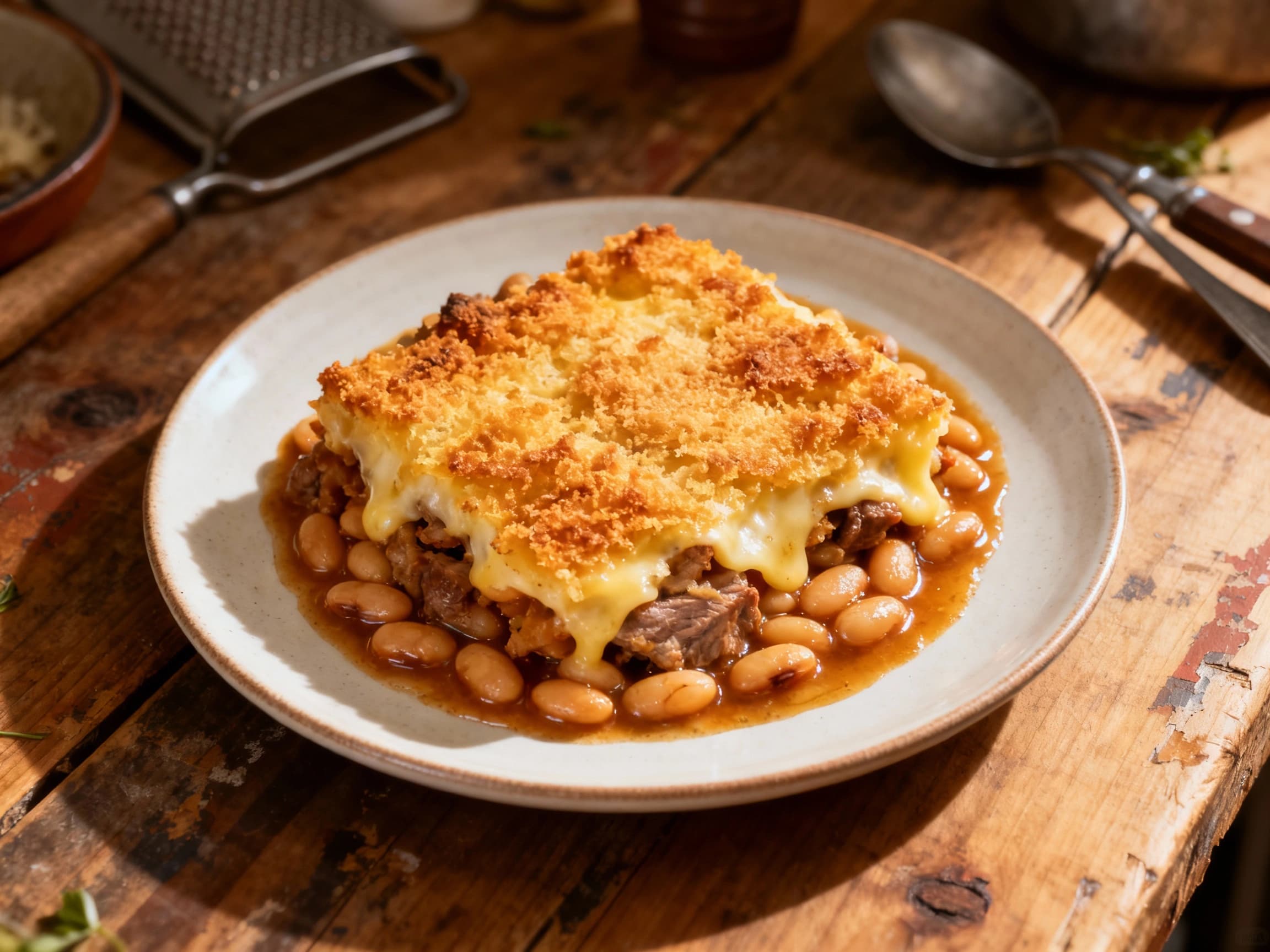 A golden-brown crust tops a bubbling individual cassoulet gratin, with tender white beans and savory sausage peeking through before a sprinkle of fresh parsley.