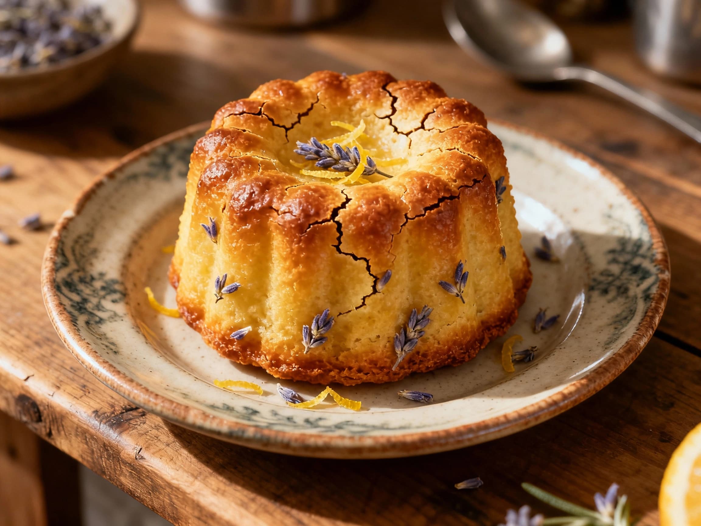Golden-brown cannelé pastries, with their signature striated crust and custard centers, dusted with powdered sugar and bathed in soft, warm light.
