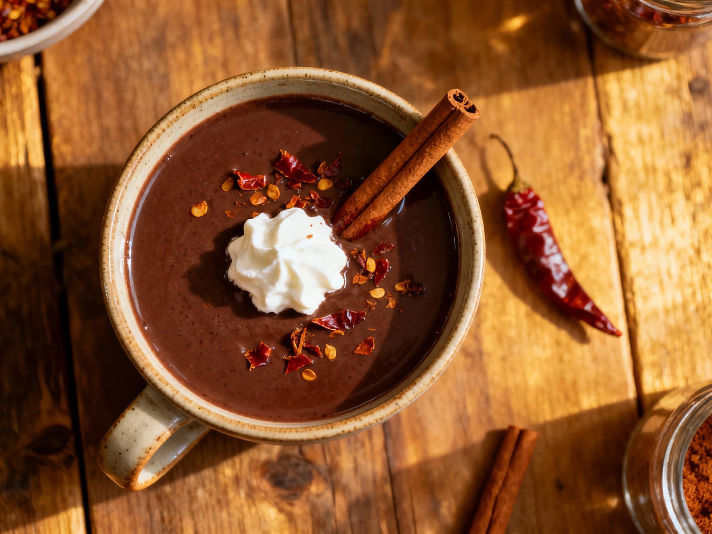 A rich, dark chocolate drink, steaming in a white mug, is topped with a dollop of whipped cream and a sprinkle of cinnamon and chili powder, creating a cozy and decadent scene.