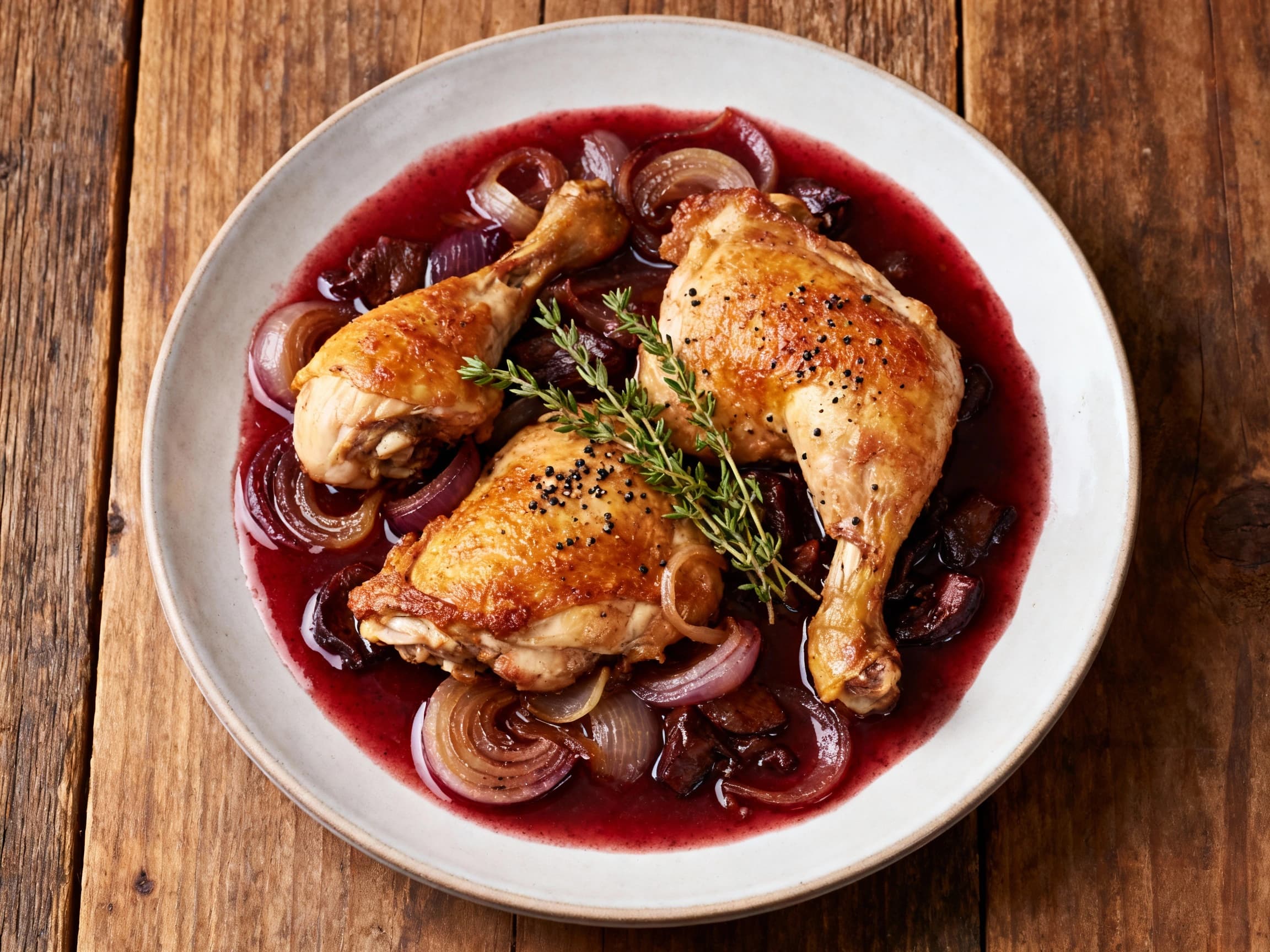 A rustic Dutch oven filled with tender chicken pieces simmered in a rich, dark wine sauce, garnished with fresh parsley and savory mushrooms, evokes a comforting and classic French countryside meal.