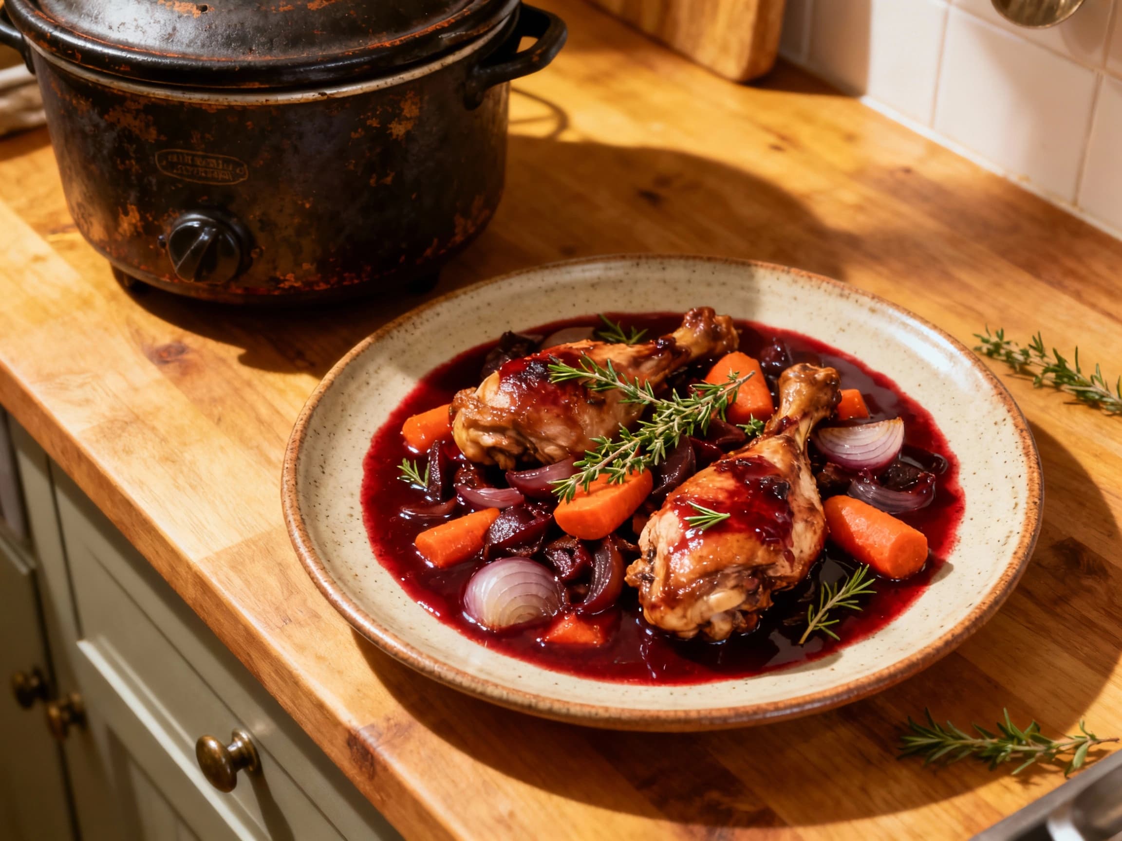 A vibrant Coq au Vin simmers in a rustic cast-iron pot, featuring tender chicken pieces bathed in a deep red wine sauce with mushrooms and pearl onions, garnished with fresh parsley.