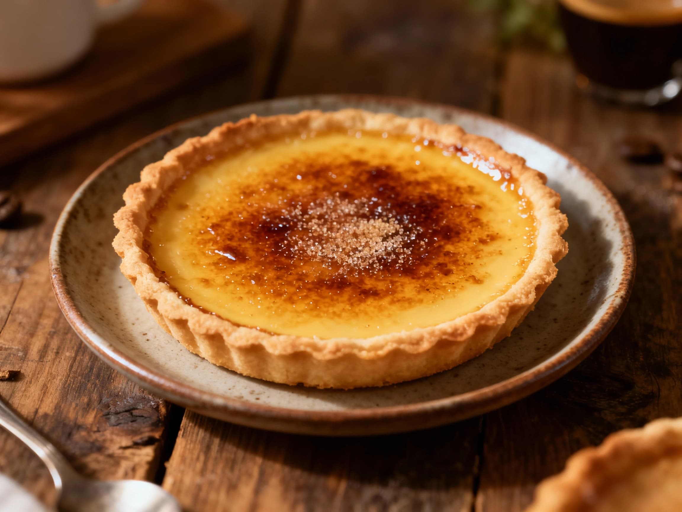 An elegant espresso crème brûlée tart sits on a white plate, its caramelized sugar topping gleaming under soft light, garnished with a dusting of cocoa powder.